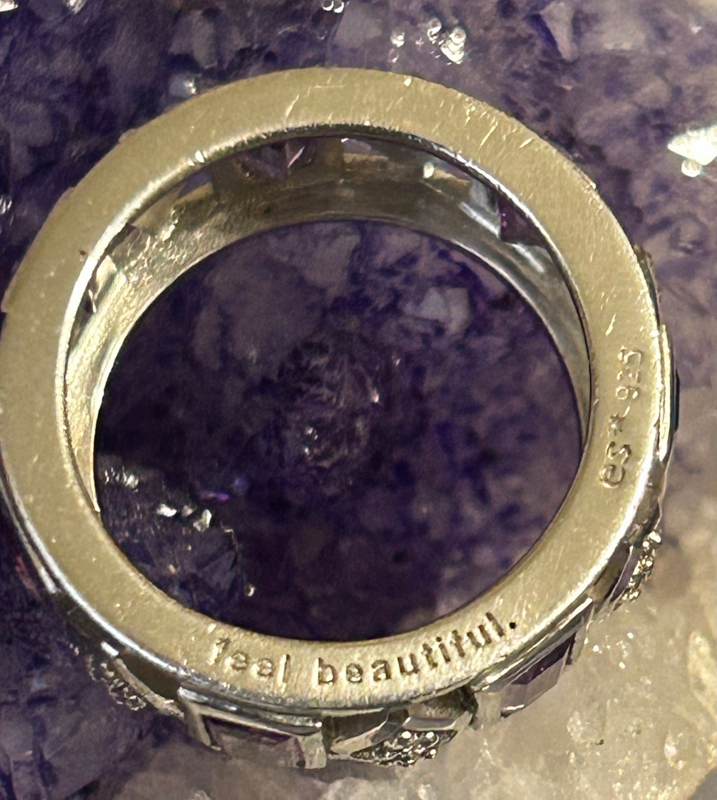 Sterling Silver “Feel Beautiful” Amethyst Cz & Clear Cz Eternity Band Ring Sz 6