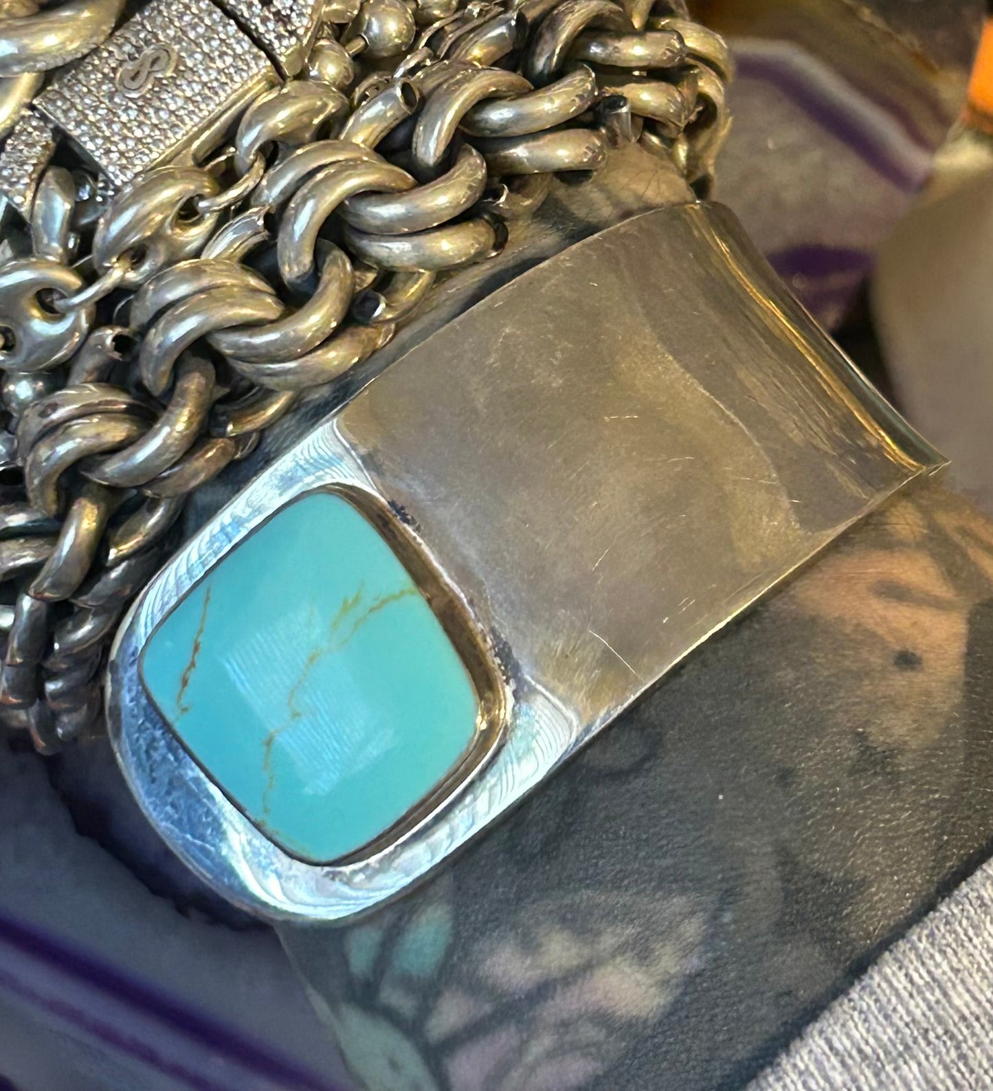 Vintage Sterling Silver Taxco Mexico Asymmetrical Turquoise Cuff Bracelet