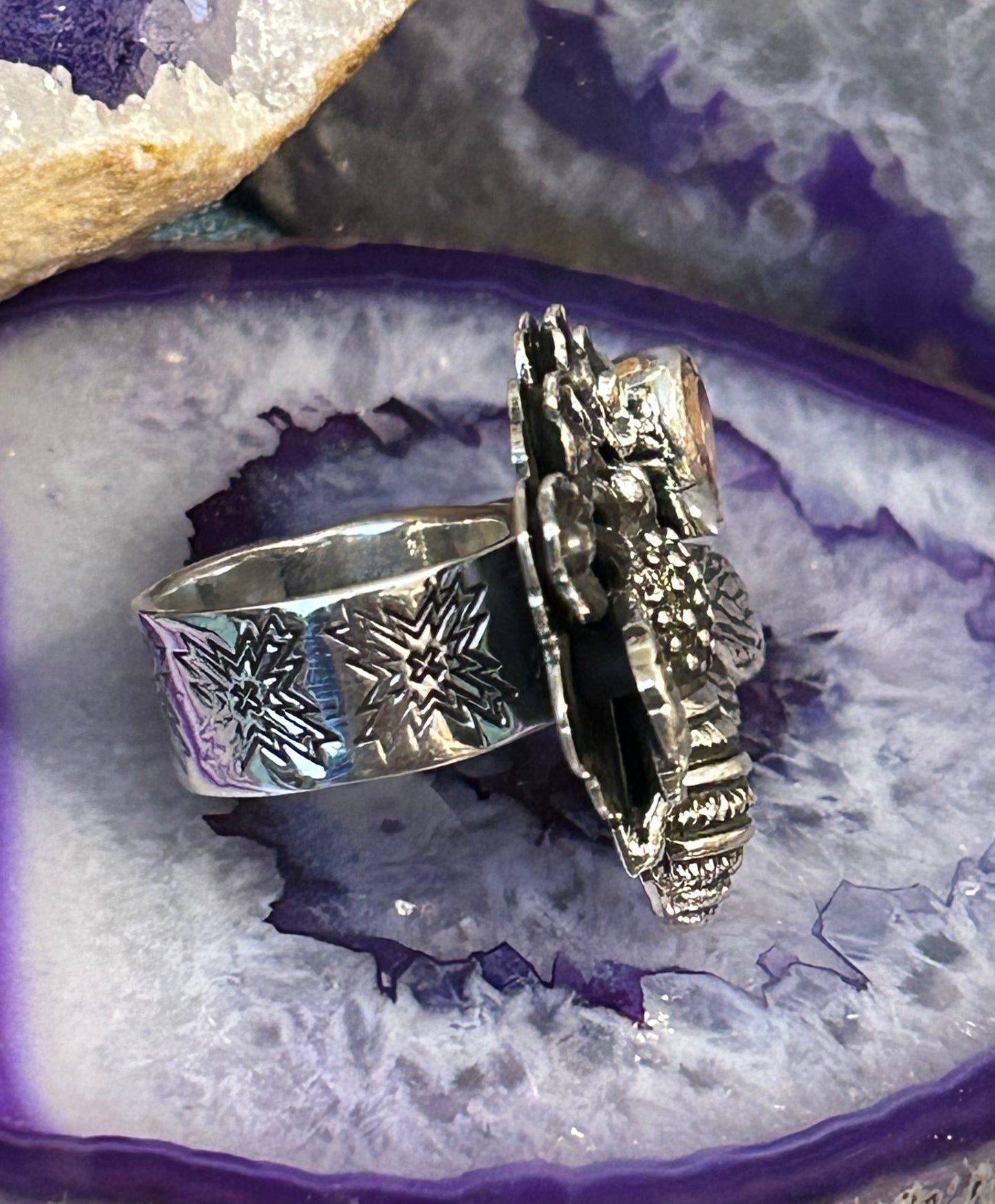Sterling Silver Taxco Mexico Flower & Bee w/ Pink Zircon Heart Statement Ring