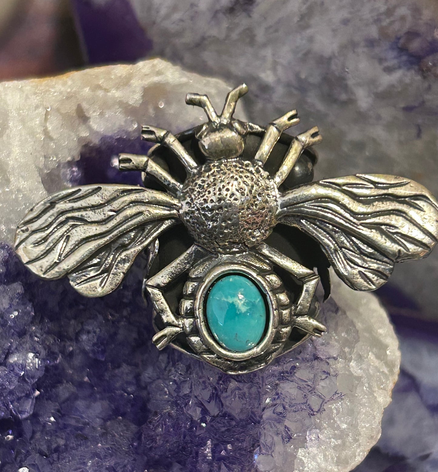 Sterling Silver Taxco Mexico Bee, Flowers & Turquoise Statement Ring Size 7-9