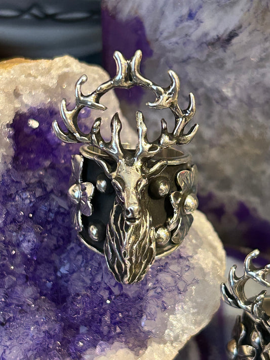 Sterling Silver Taxco Mexico Stag Deer & Flowers Statement Ring