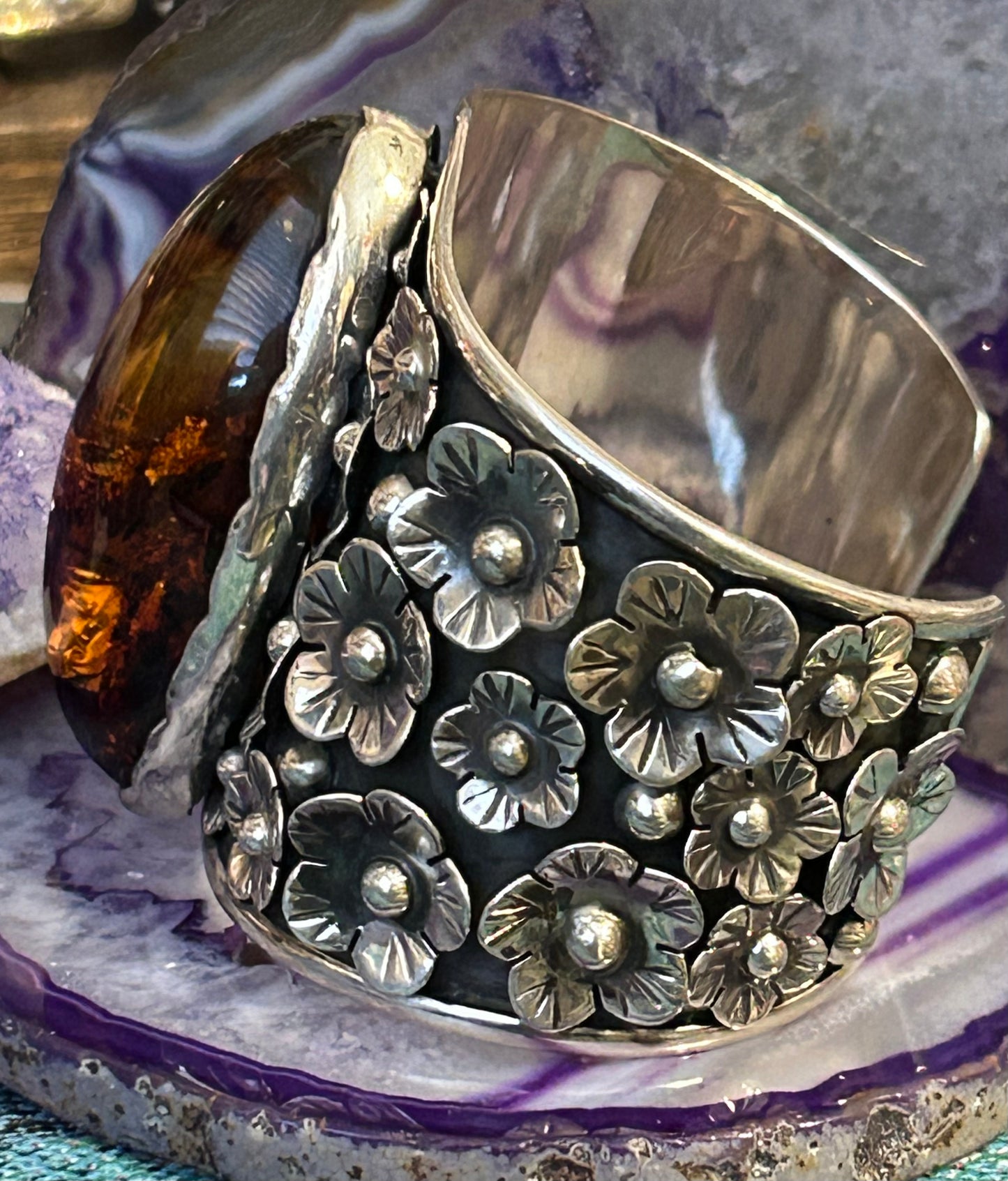 Sterling Silver Modern Taxco Mexico Statement Flowers & Baltic Amber Cuff Bracelet