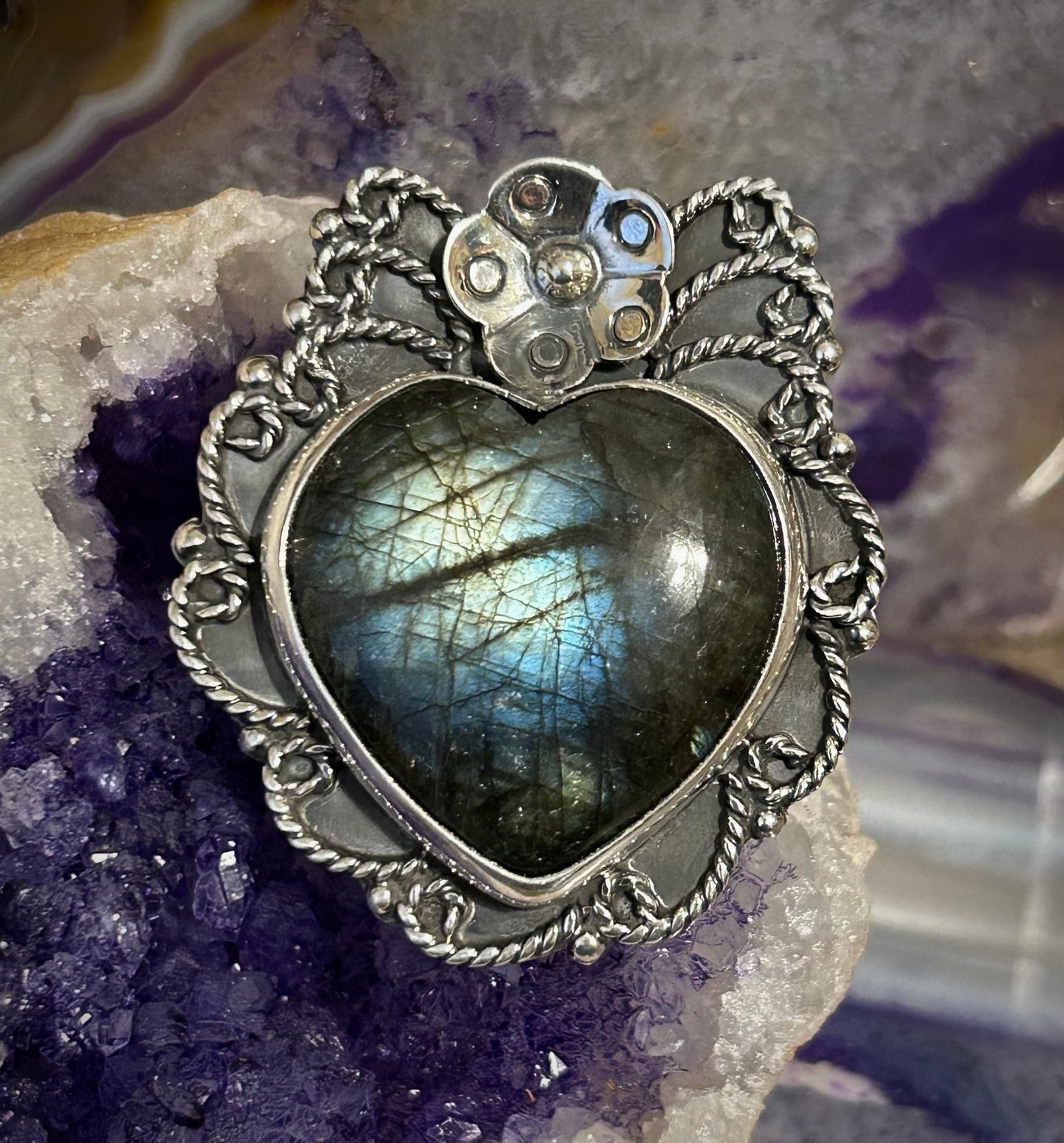 Sterling Silver Taxco Large Labradorite Stone Heart Ring Adjustable