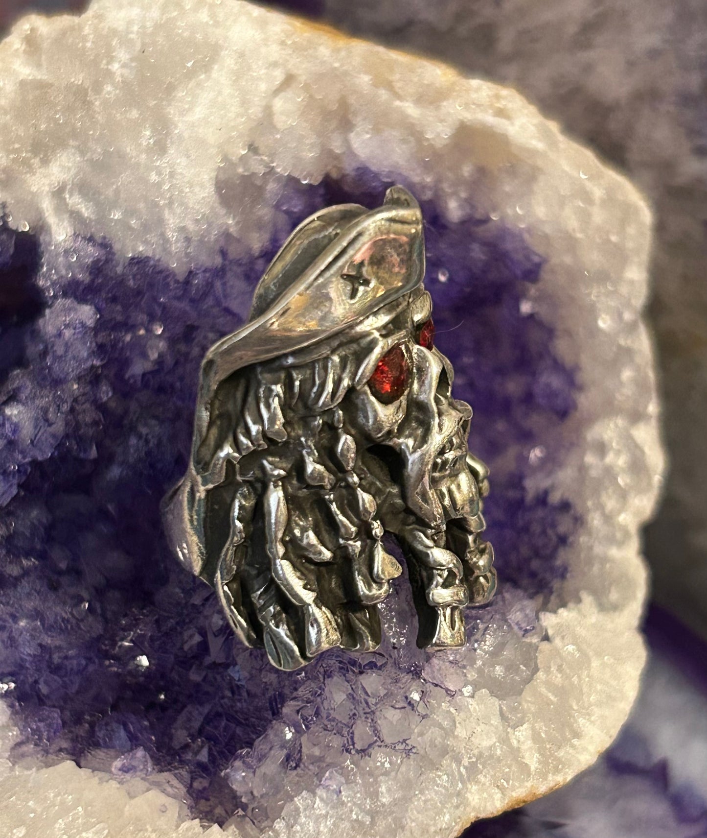 Sterling Silver Made In Taxco Skull Pirate Ring With Rubies • Size 7