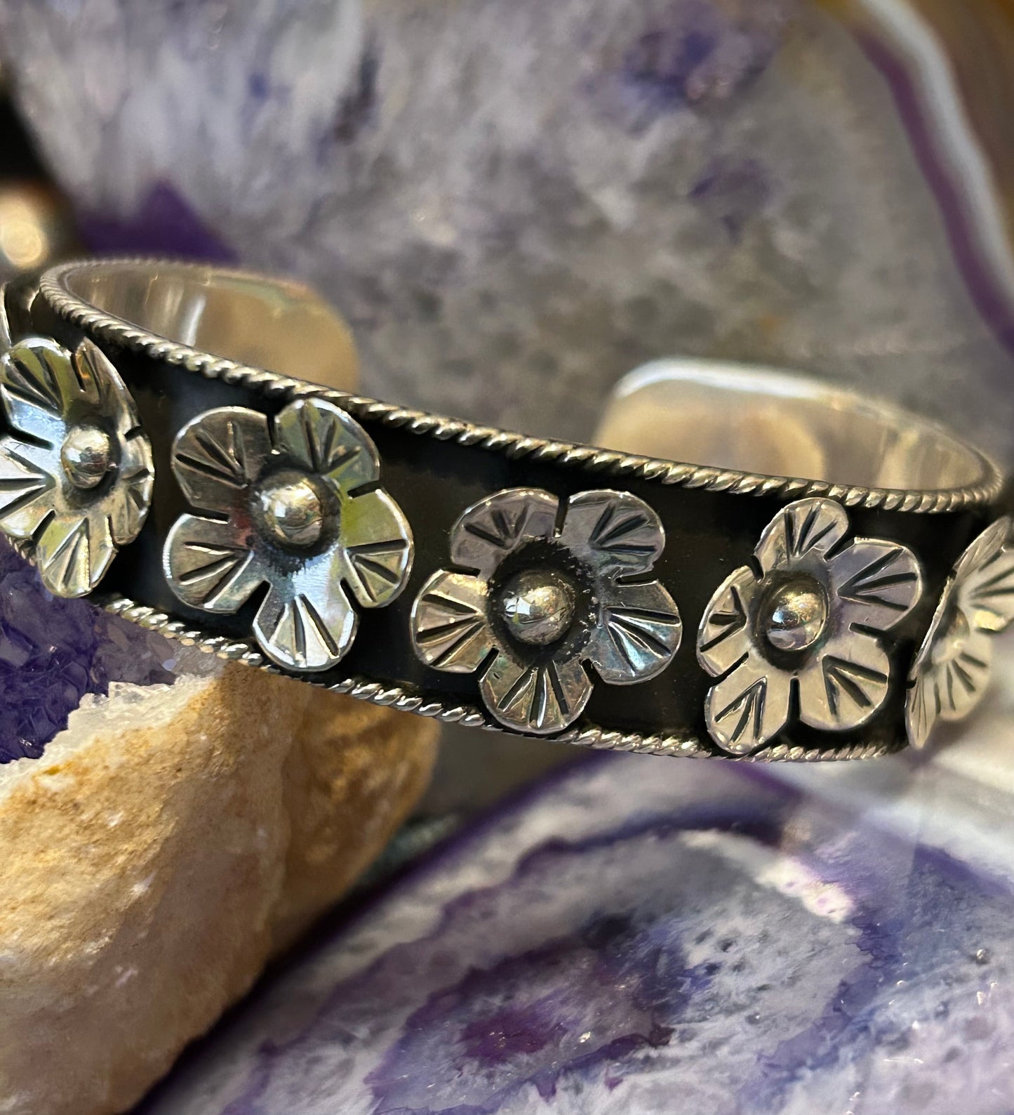 Sterling Silver Taxco Mexico Flower & Rope Handmade Cuff Bracelet