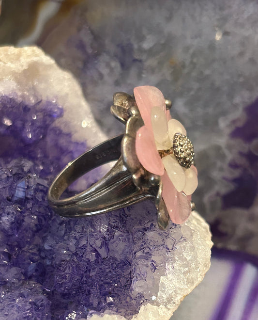 Vintage Whitney Kelly Sterling Silver Rose & Rock Quartz Flower Ring • Size 9