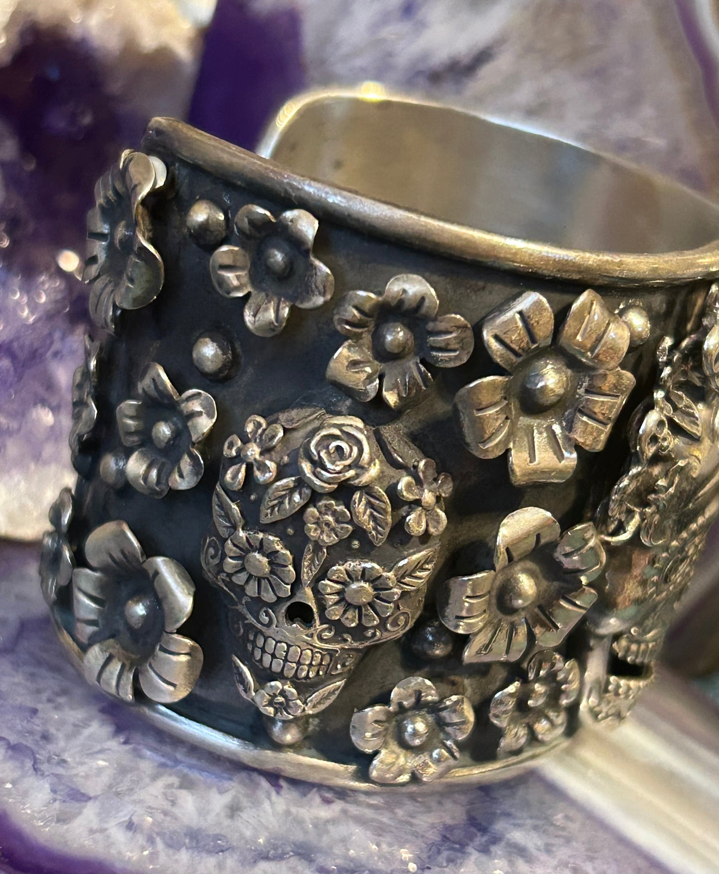 Sterling Silver Taxco Mexico Day Of The Dead Skull & Flower Large Cuff Bracelet