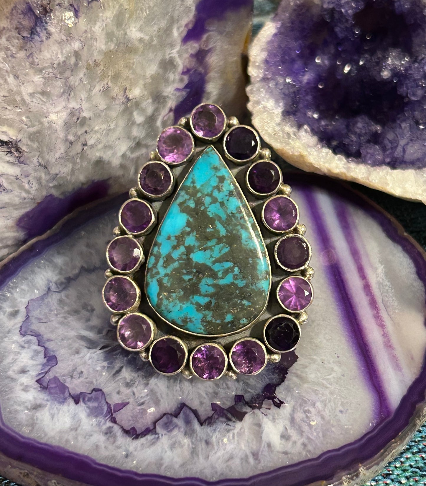 Sterling Silver Turquoise & Amethyst Multi Stone Statement Ring Size 9
