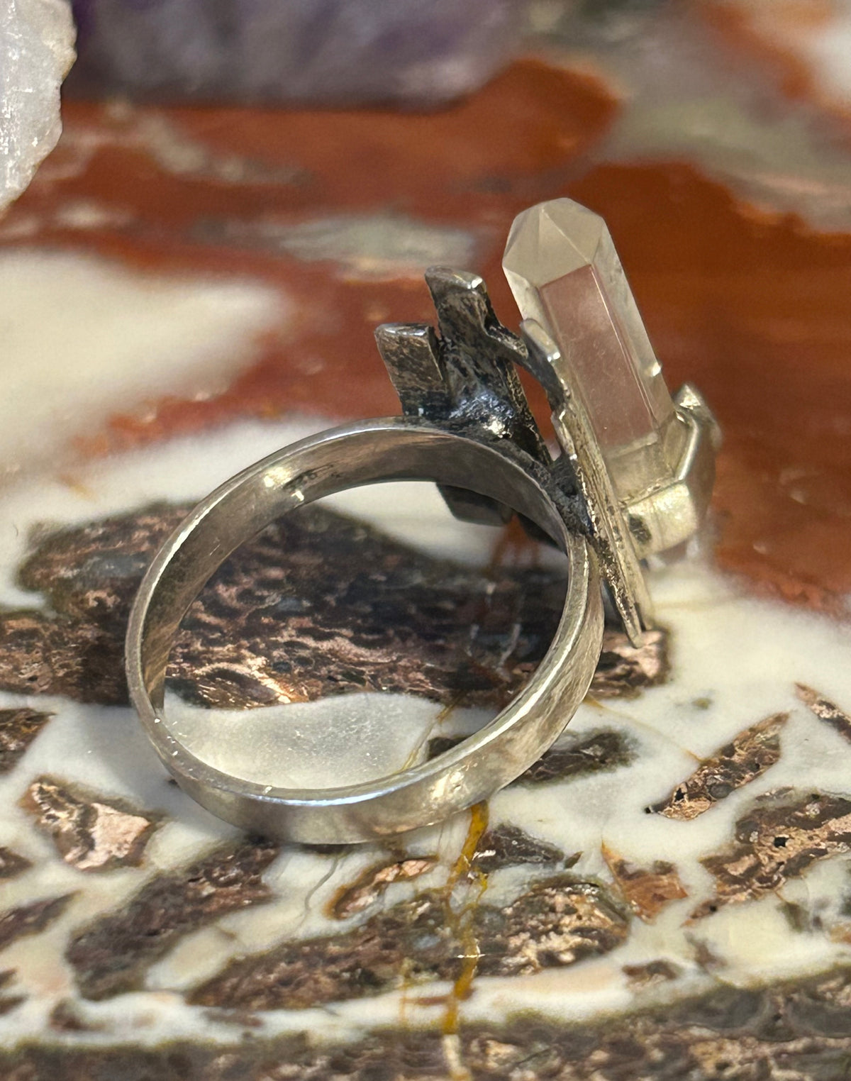 Vintage Estate Sterling Silver Crystal Point & Red Stone Ring Size 9