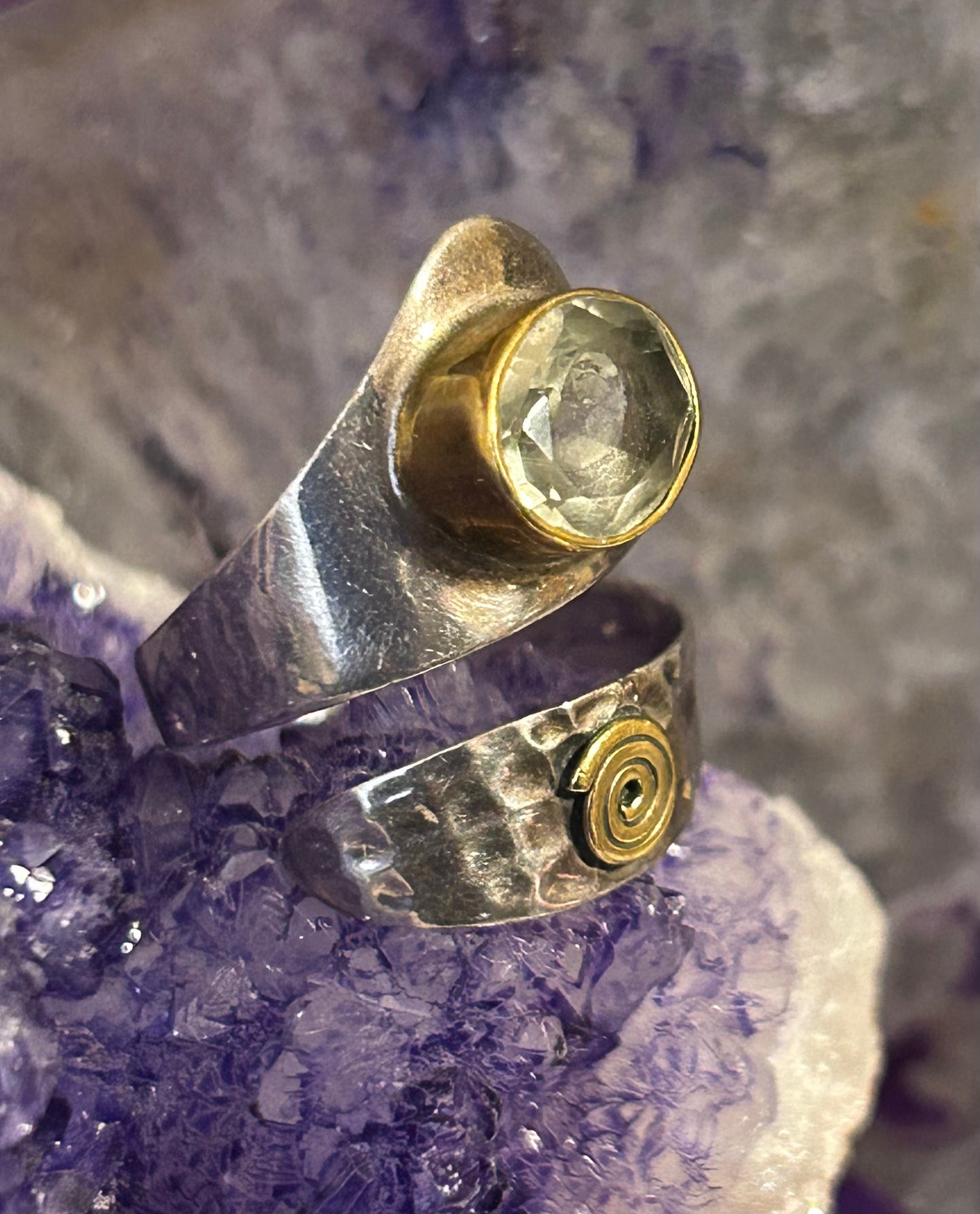 Sterling Silver 2-tone Hammered Bypass Ring w/ Green Amethyst