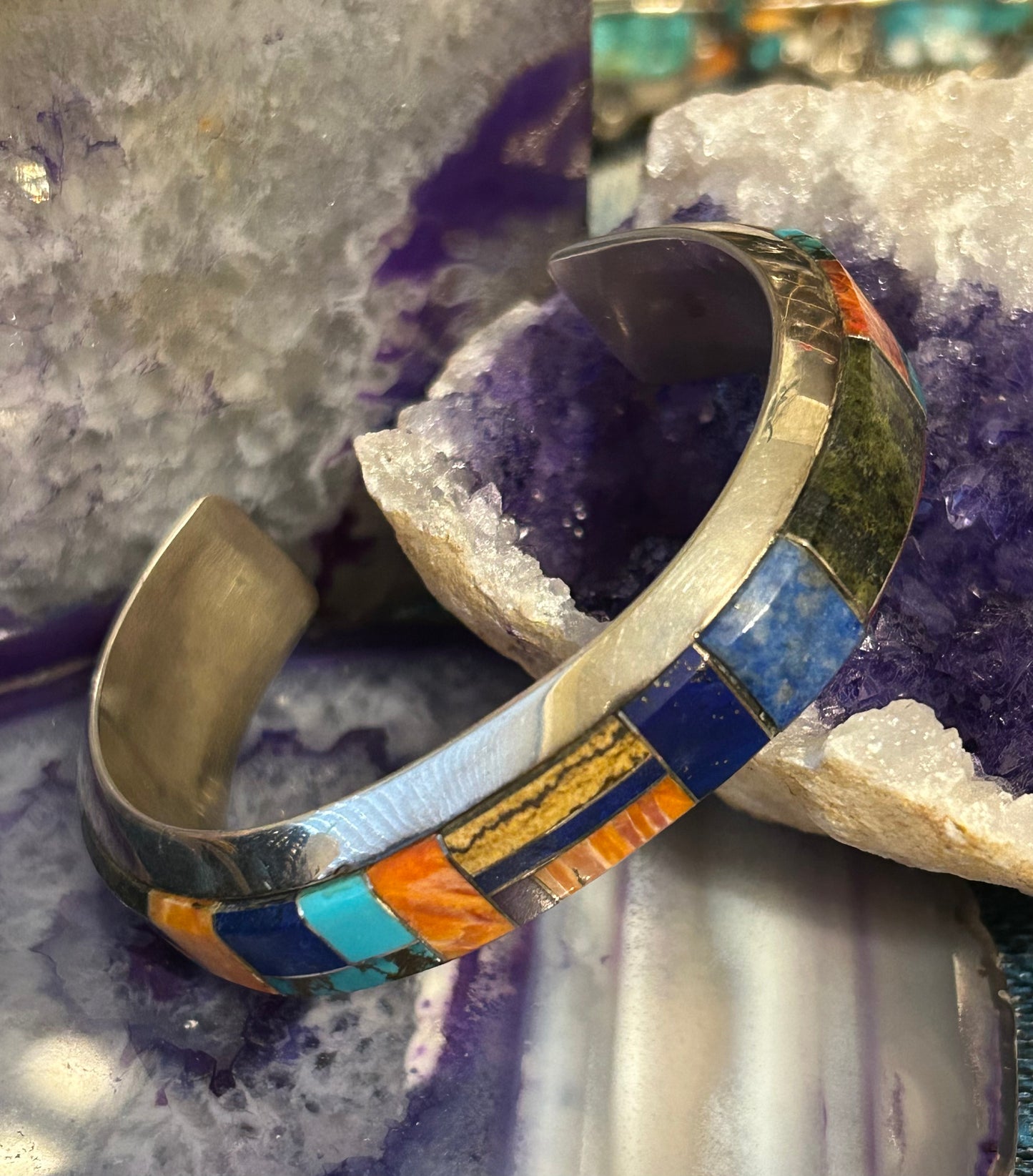 Native American Sterling Silver Multi Stone Inlay Cuff Bracelet Signed “C”