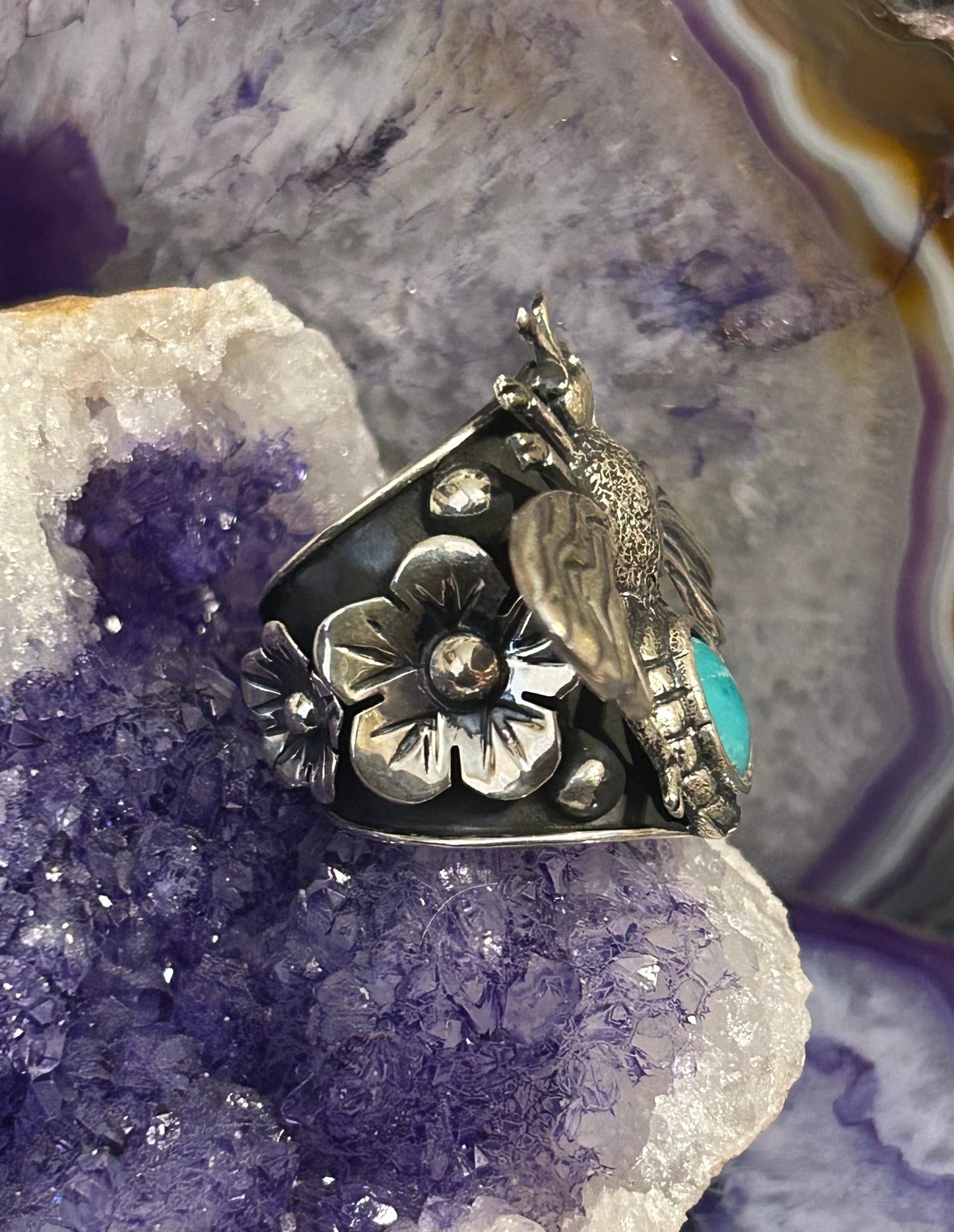 Sterling Silver Taxco Mexico Bee, Flowers & Turquoise Statement Ring Size 7-9