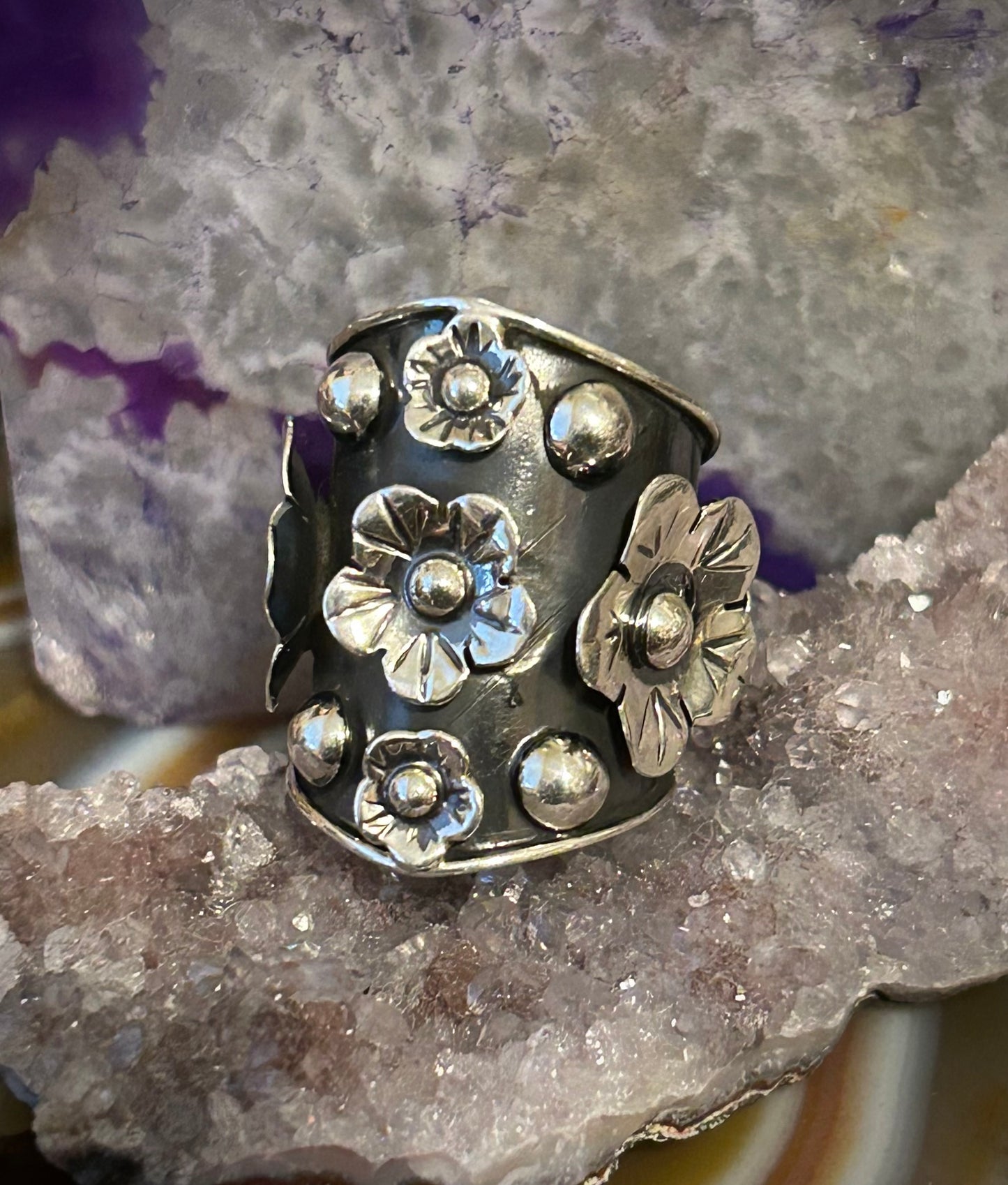 Sterling Silver Taxco Mexico Thick Floral Wide Band Ring