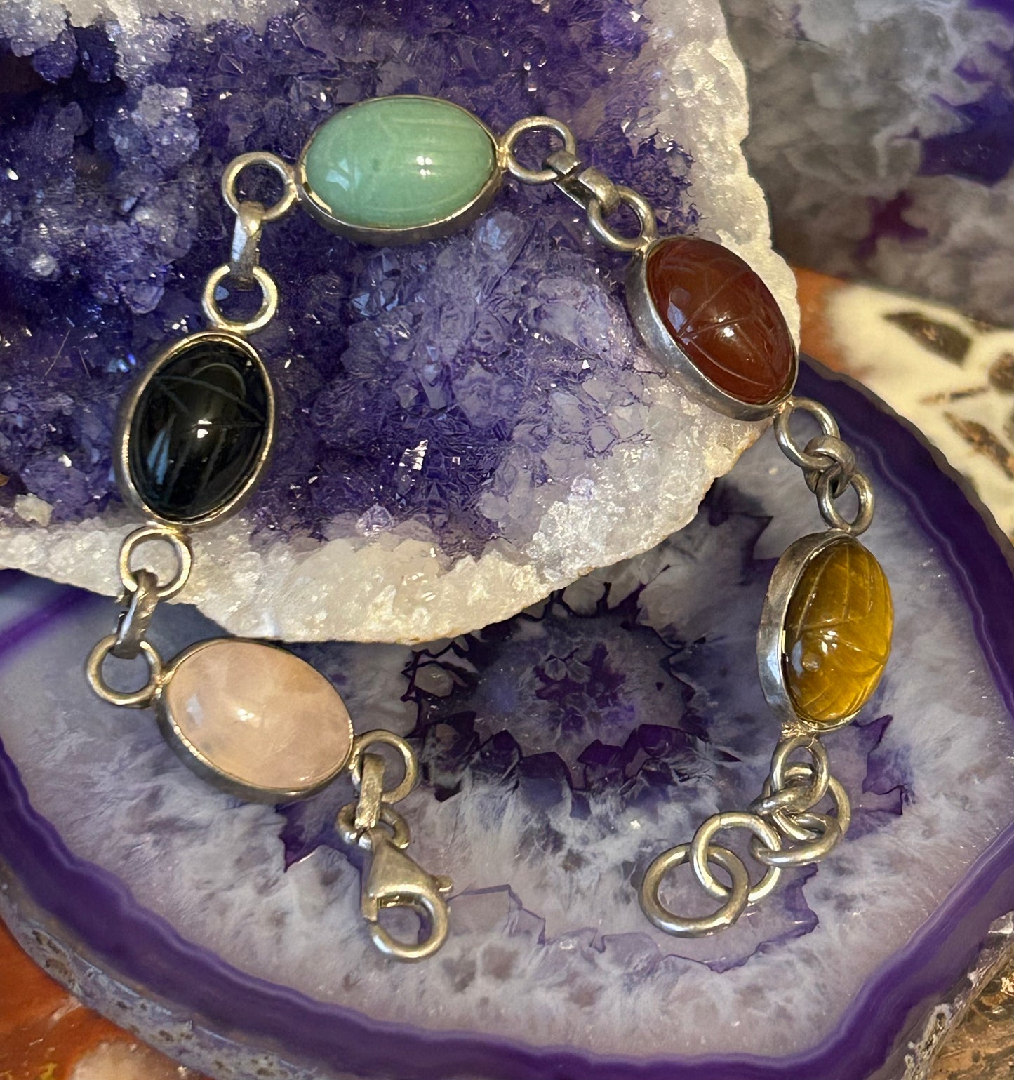Vintage Sterling Silver Carved Scarab Beetle Stones Link Bracelet