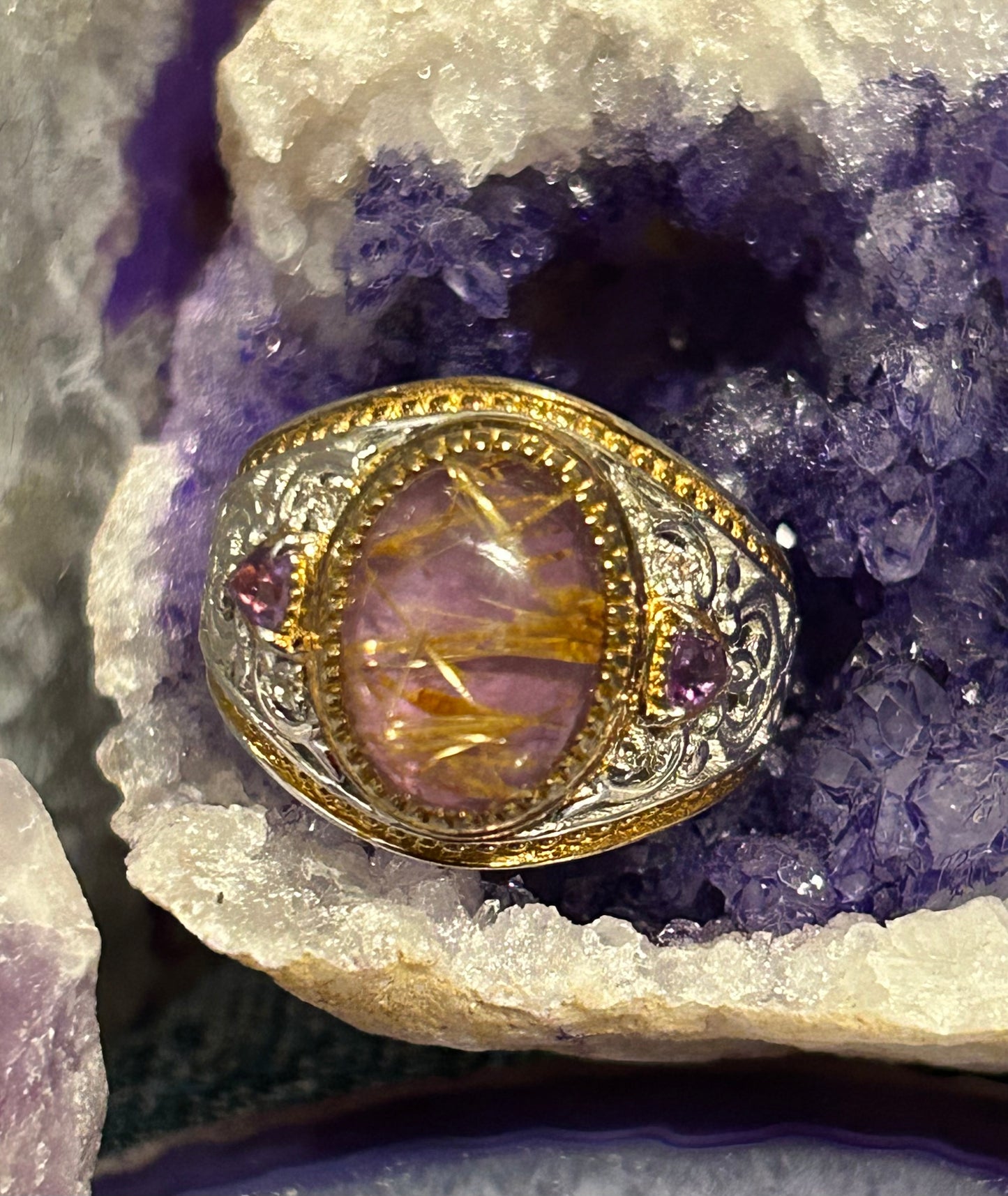 Sterling Silver NH Designer Purple Golden Rutilated Quartz & Amethyst Ring Size 11