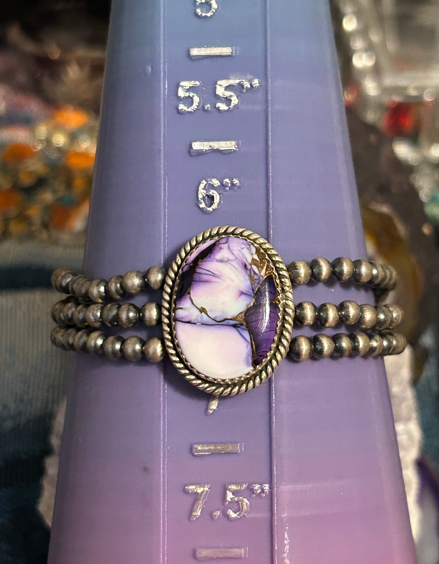 Sterling Silver Desert Pearl Ball Beads and Violet Dahlia Stretch Bracelet