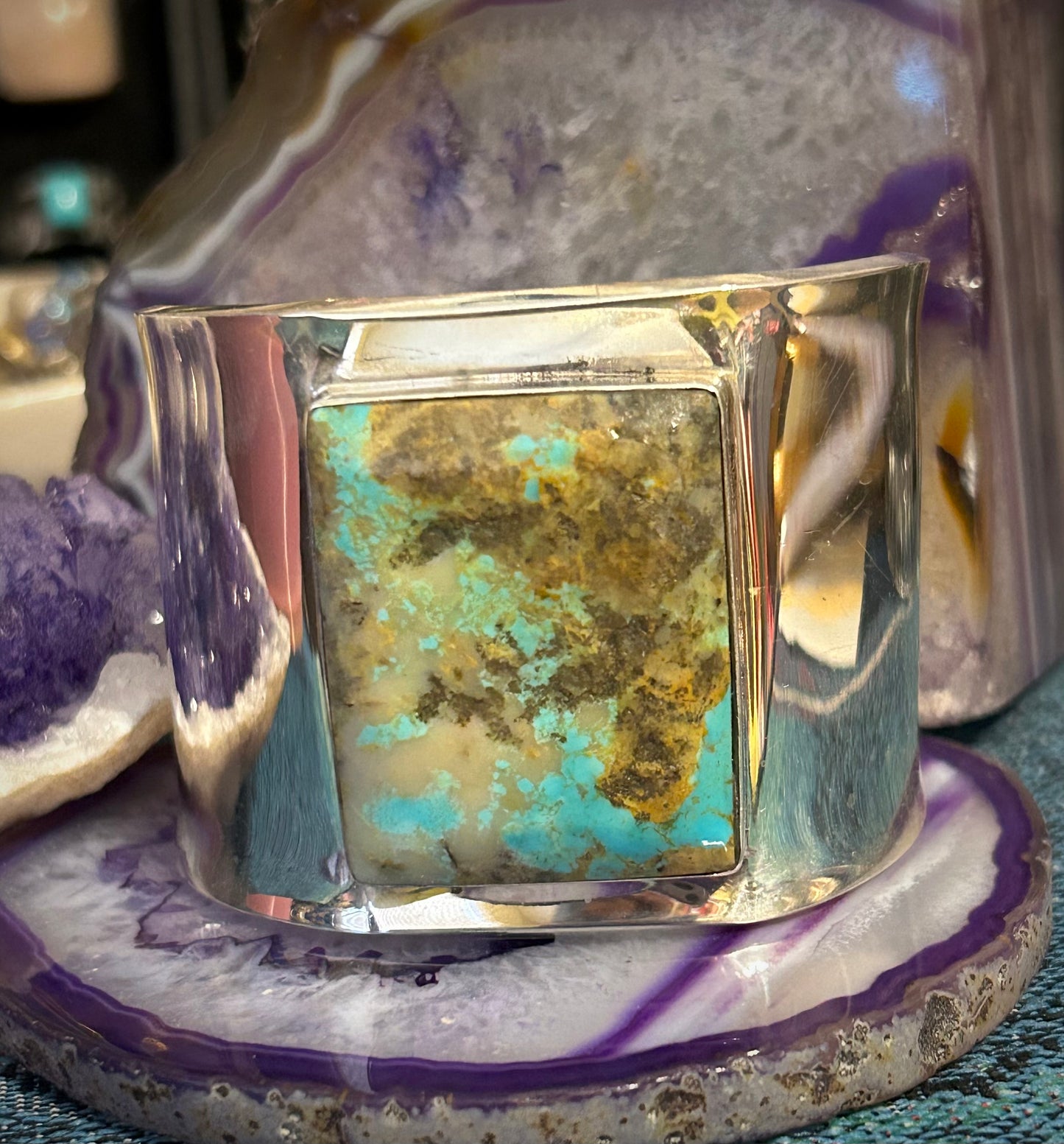 Sterling Silver Mexico Modernist Large Turquoise Statement Cuff Bracelet
