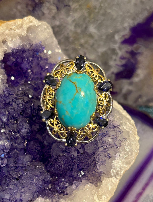 Vintage Sterling Silver Turquoise, Iolite, & Topaz Ring Size 7.5