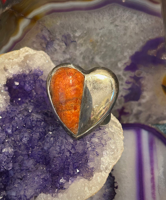 Vintage Sterling Silver Handmade Large Coral Heart Ring • Size 11
