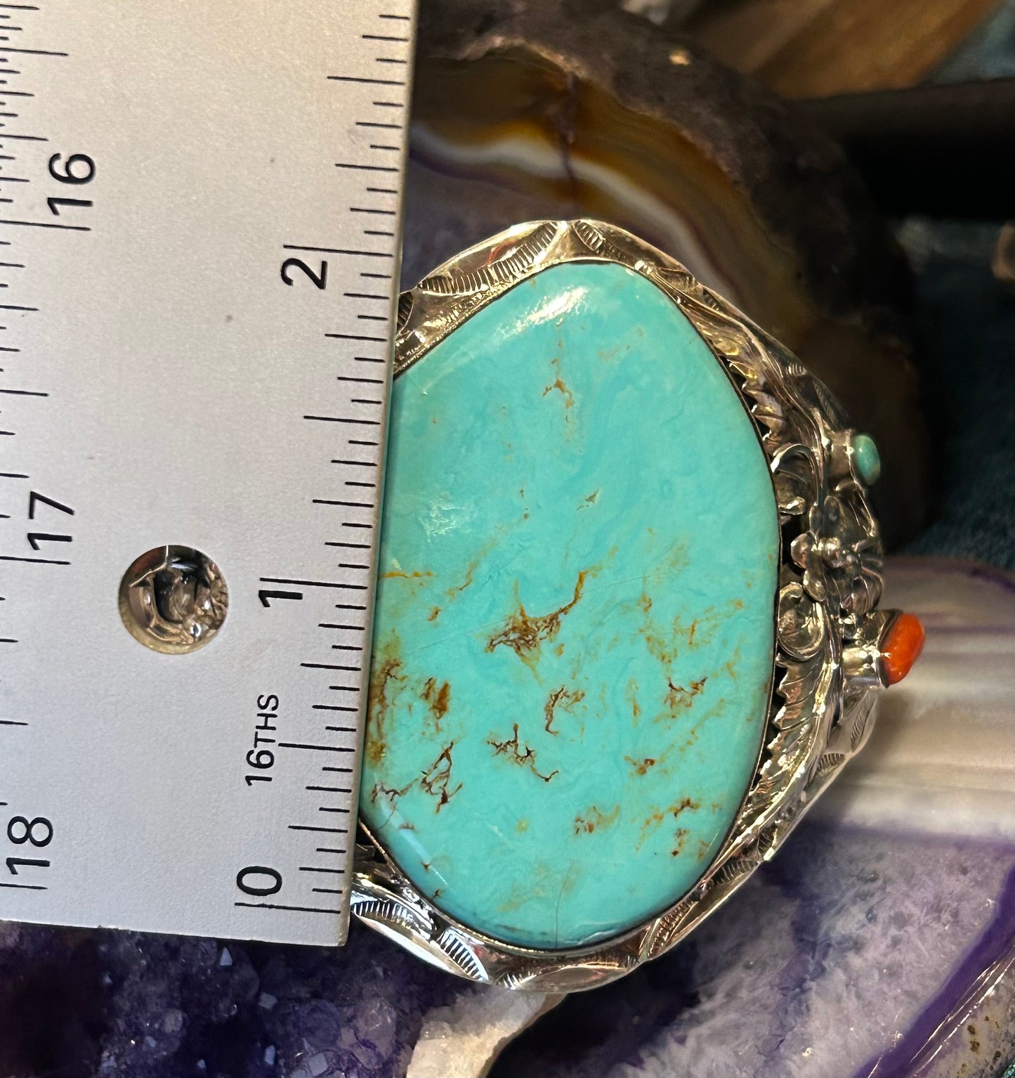 Sterling Silver Southwestern Large Turquoise & Coral Statement Cuff Bracelet