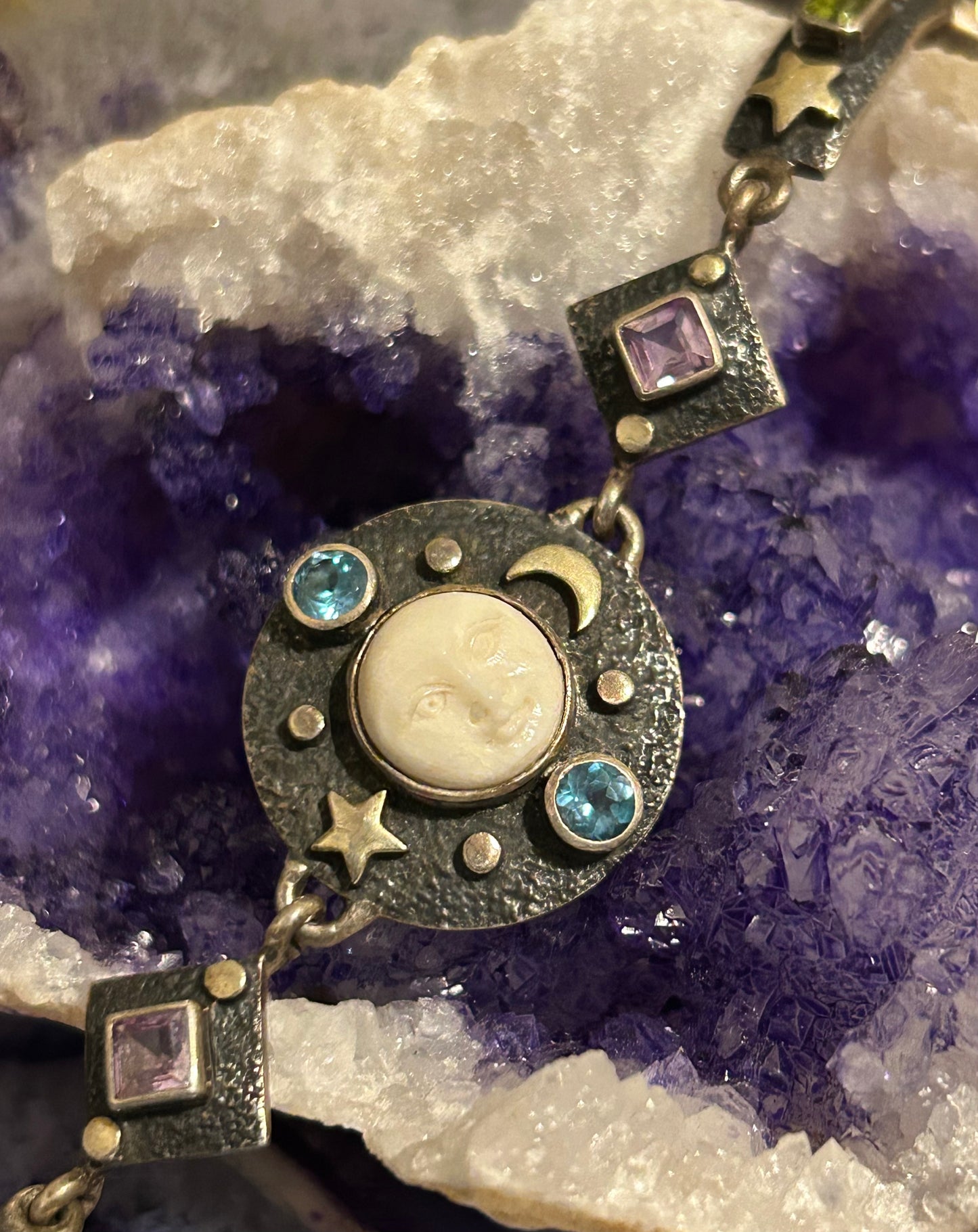 Vintage Sterling Silver 925 Goddess Moon Face Multi Gem Link Bracelet Sz 7.5