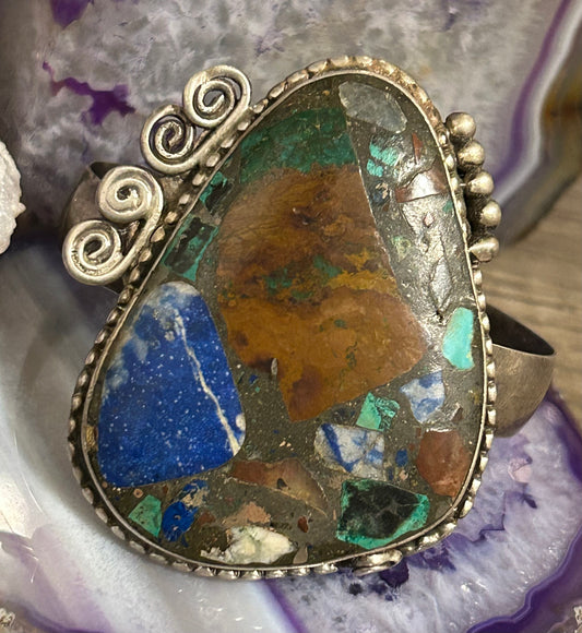 Vintage Sterling Silver Large Turquoise Lapis Etc Composite Stone Cuff Bracelet