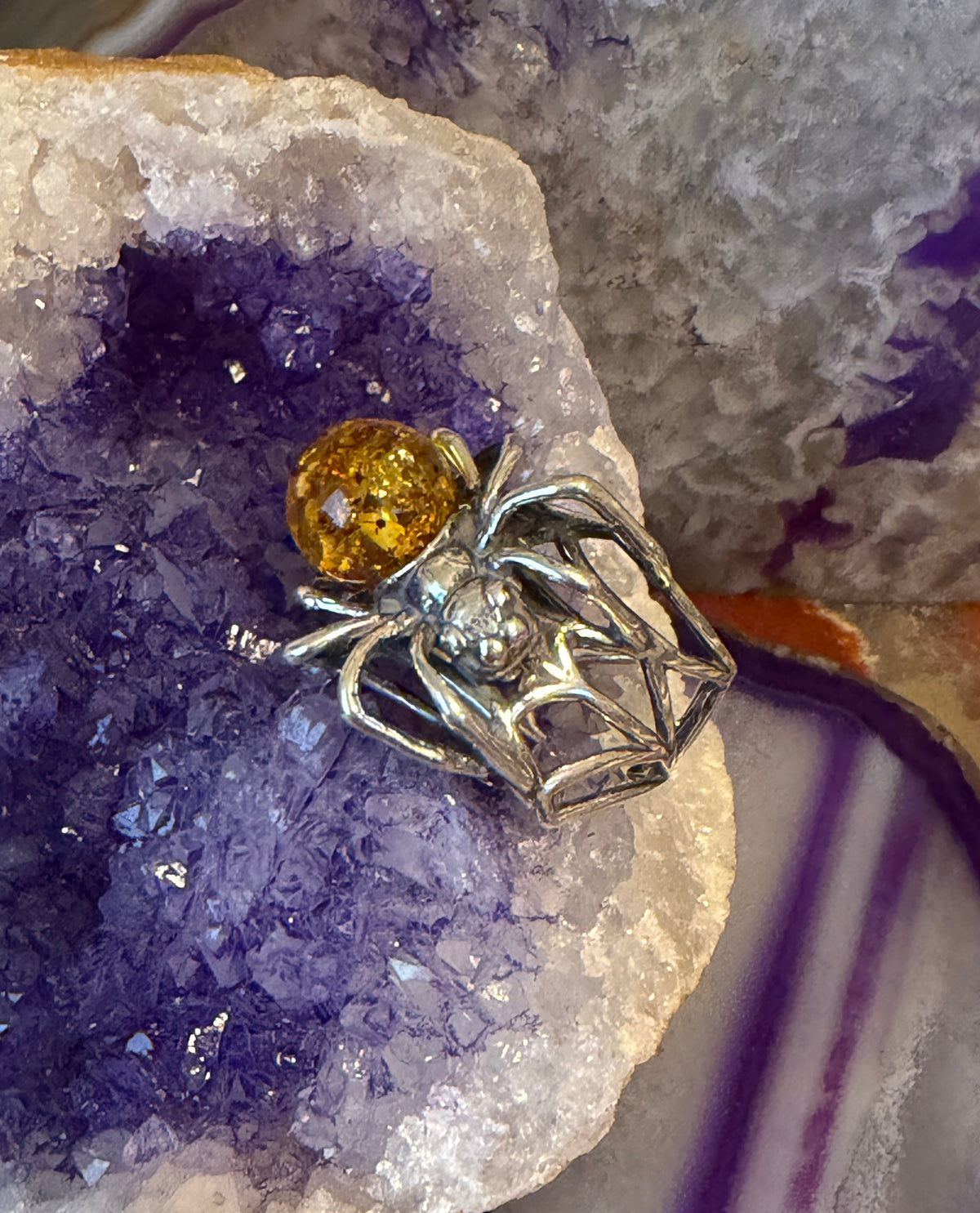 Sterling Silver & Natural Baltic Amber Spider Web Adjustable Ring