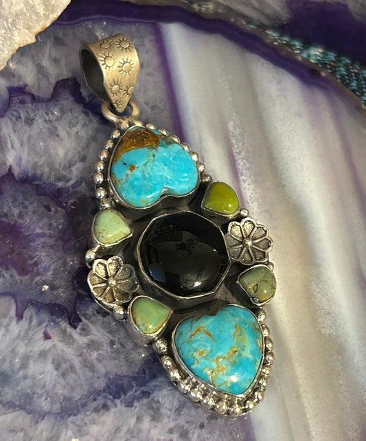 Sterling Silver, Turquoise & Onyx Heart & Hexagon Stone Pendant