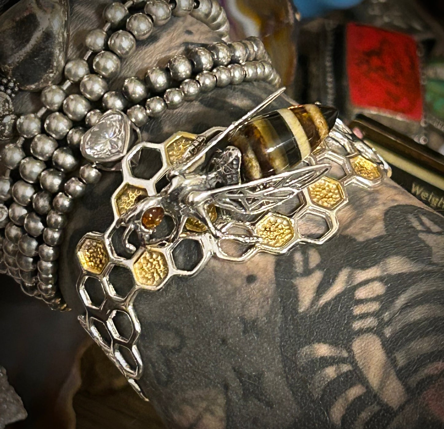 Sterling Silver & Genuine Amber Bee Honeycomb Cuff Bracelet