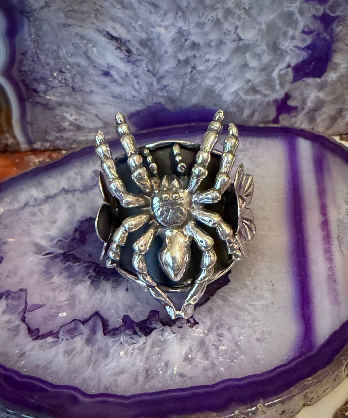 Taxco Mexico Sterling Silver Tarantula Spider & Flowers Ring • Size 7-9