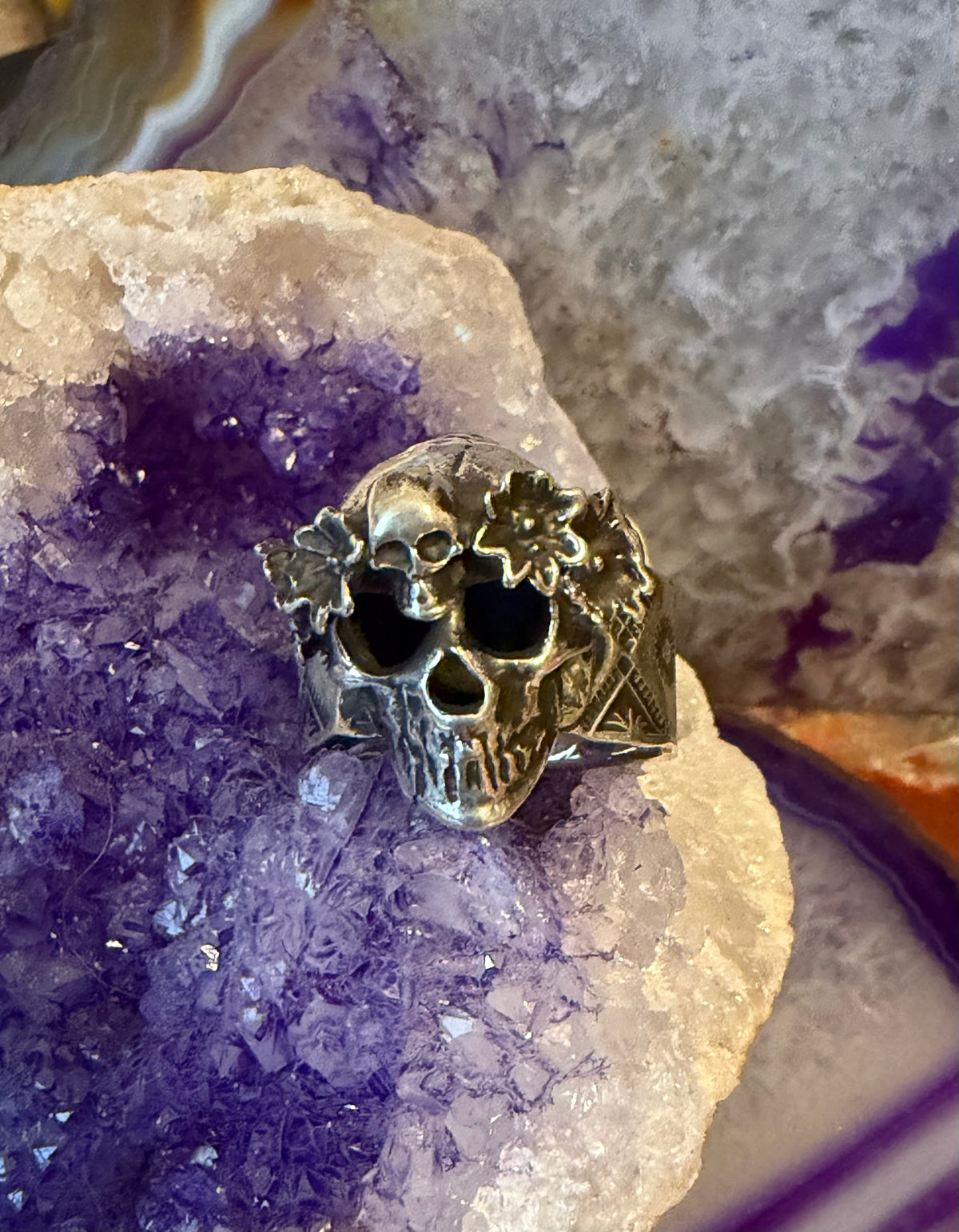 Sterling Silver Modern Taxco Chunky Skull W/ Flower Crown Adjustable Band Ring