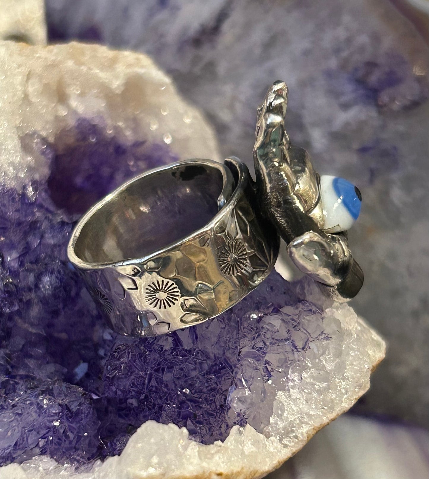 Sterling Silver Taxco Mexico Eye Hand of Protection Oddities Ring • Adjustable