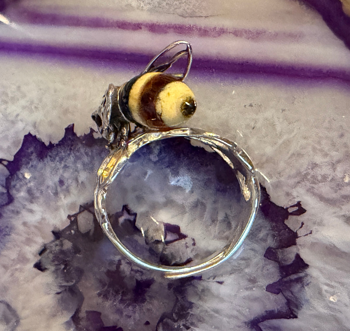 Sterling Silver & Genuine Amber Medium 3D Bee Adjustable Ring