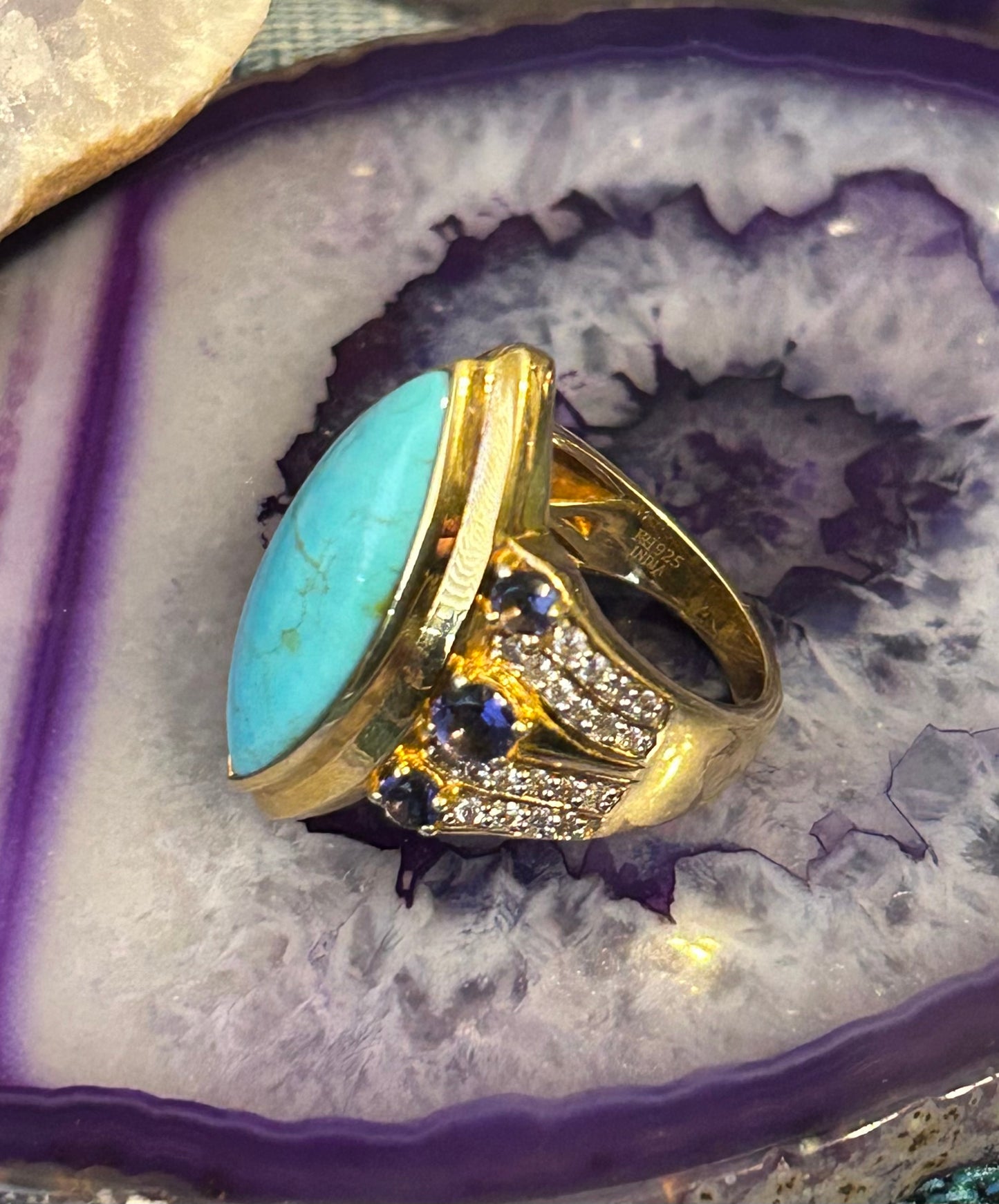 Sterling Silver w/ Gold Over Turquoise And Iolite Gemstone Ring Size 7