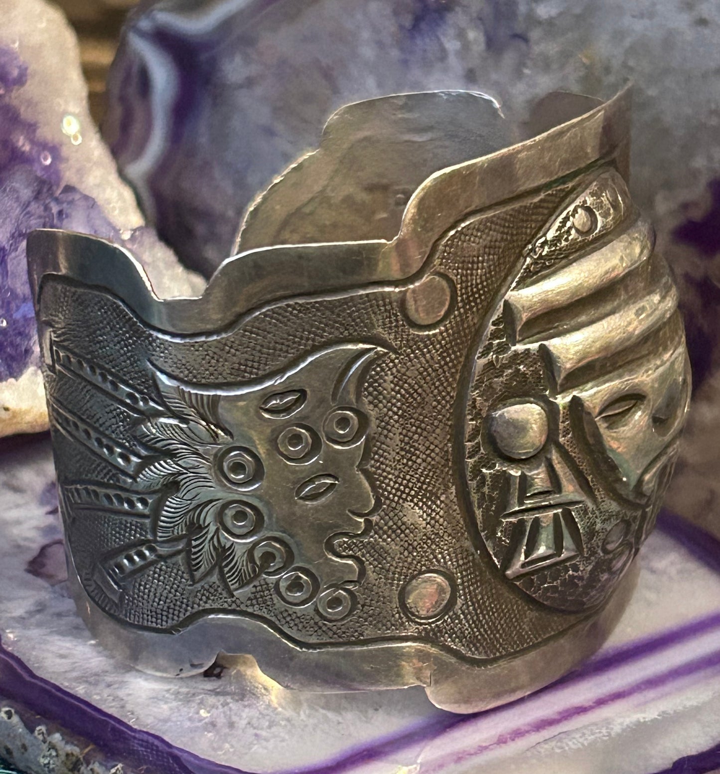 Vintage Sterling Silver 925 Mexico Warrior Mask Cuff Bracelet