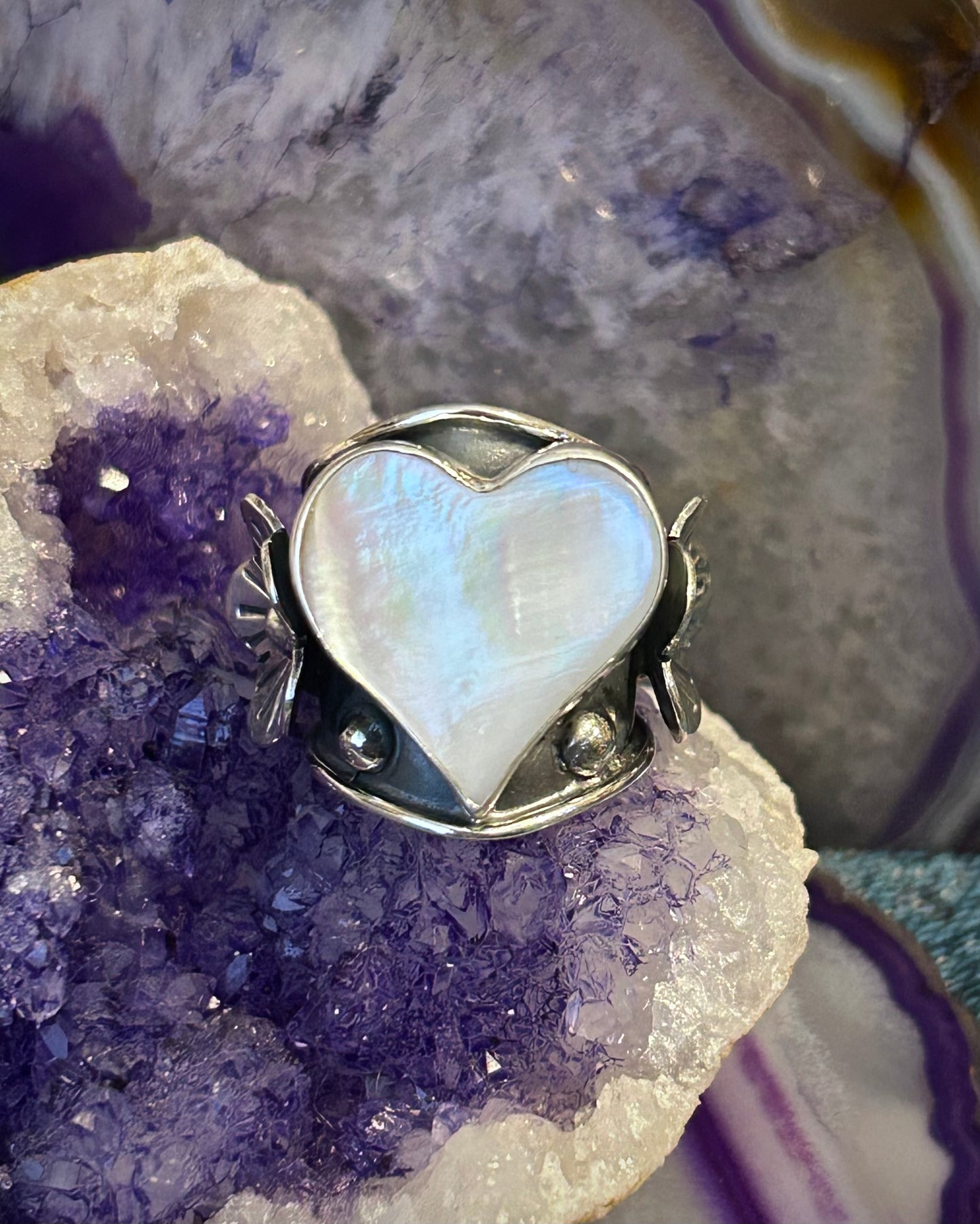 Taxco Mexico Sterling Silver Mother Of Pearl Heart & Flowers Ring Size 7-9