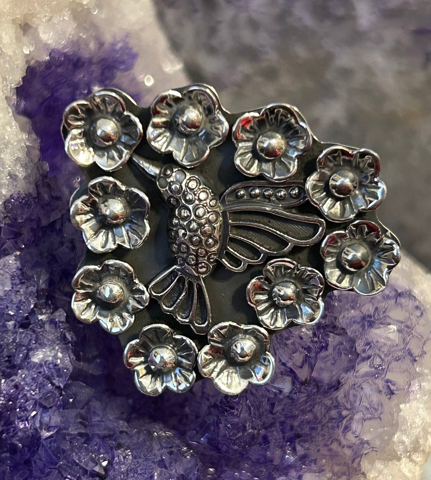 Taxco Mexico 950 Silver Hummingbird And Flowers Adjustable Ring