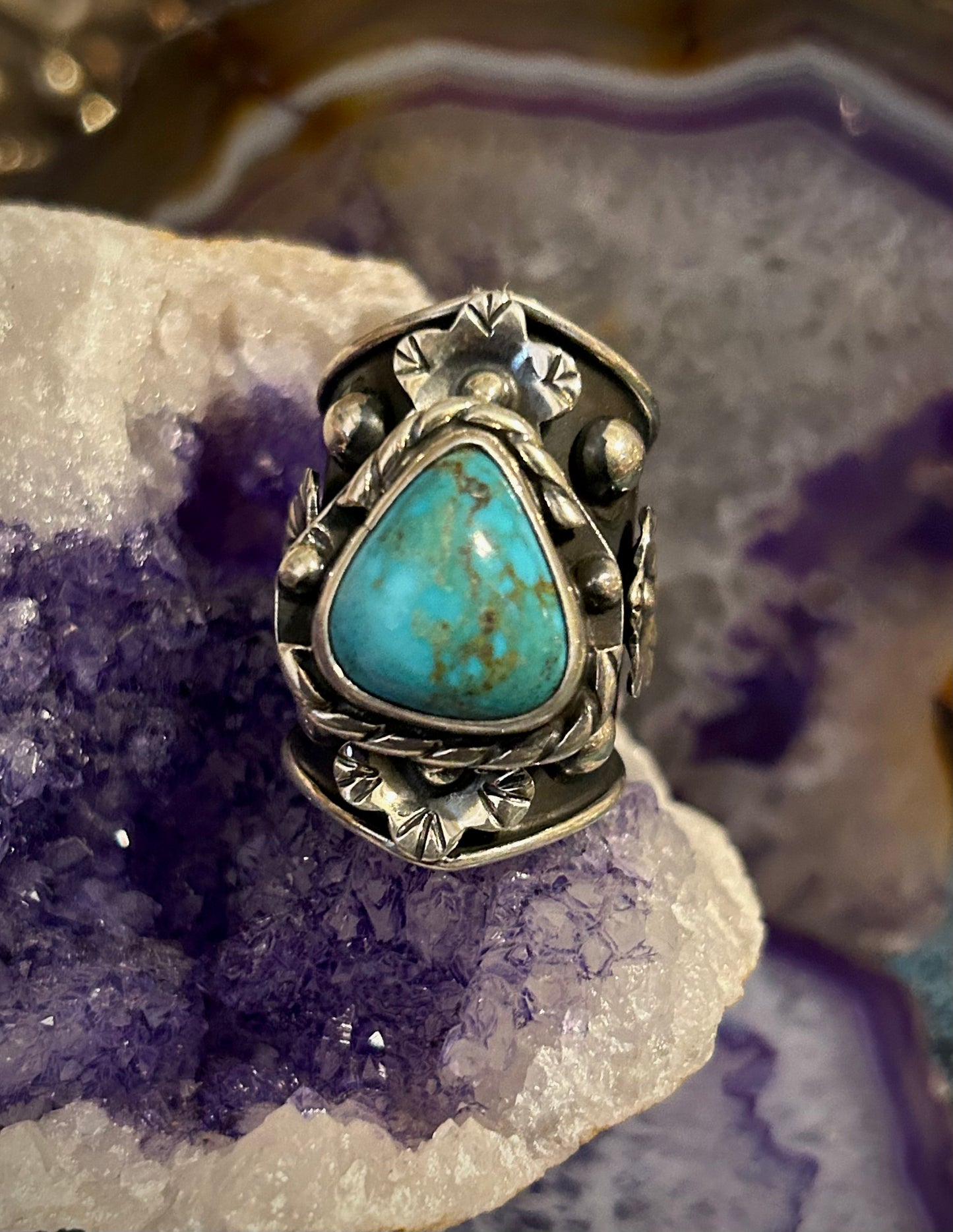 Sterling Silver Taxco Mexico Turquoise & Flowers Wide Band Statement Ring Sz 7-9