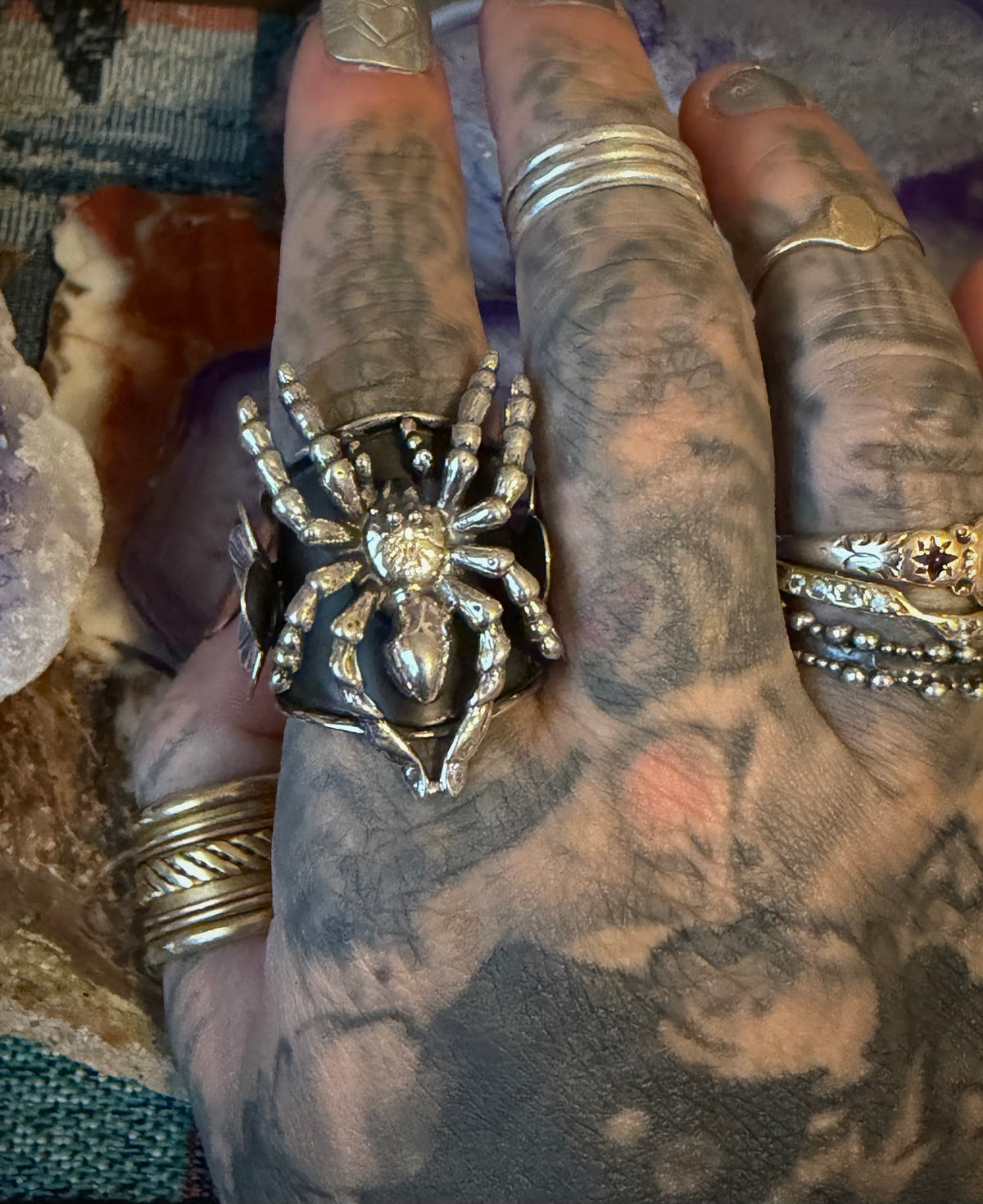 Taxco Mexico Sterling Silver Tarantula Spider & Flowers Ring • Size 7-9