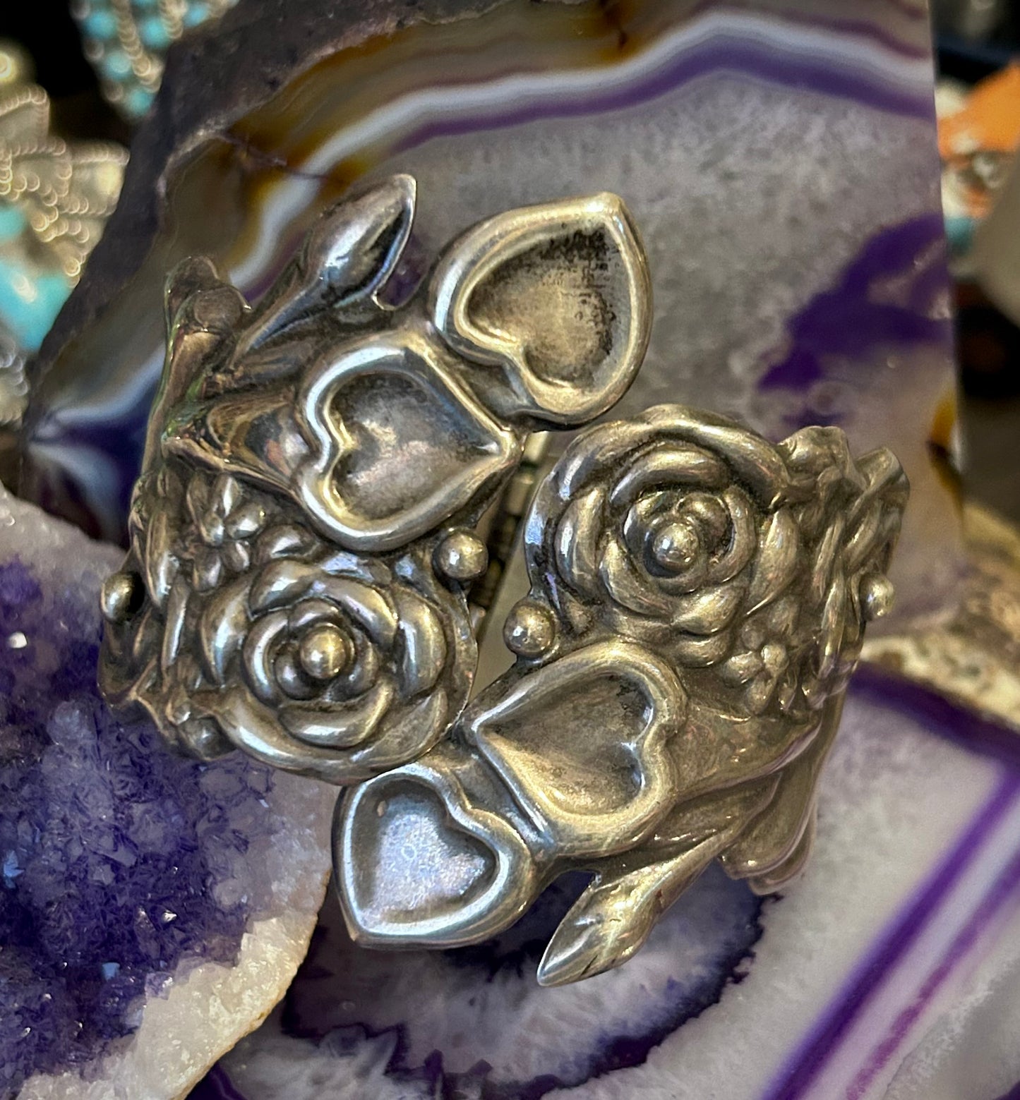 Vintage Taxco Mexico Sterling Silver bouquet of Hearts & Roses Repousse Clamper Bracelet