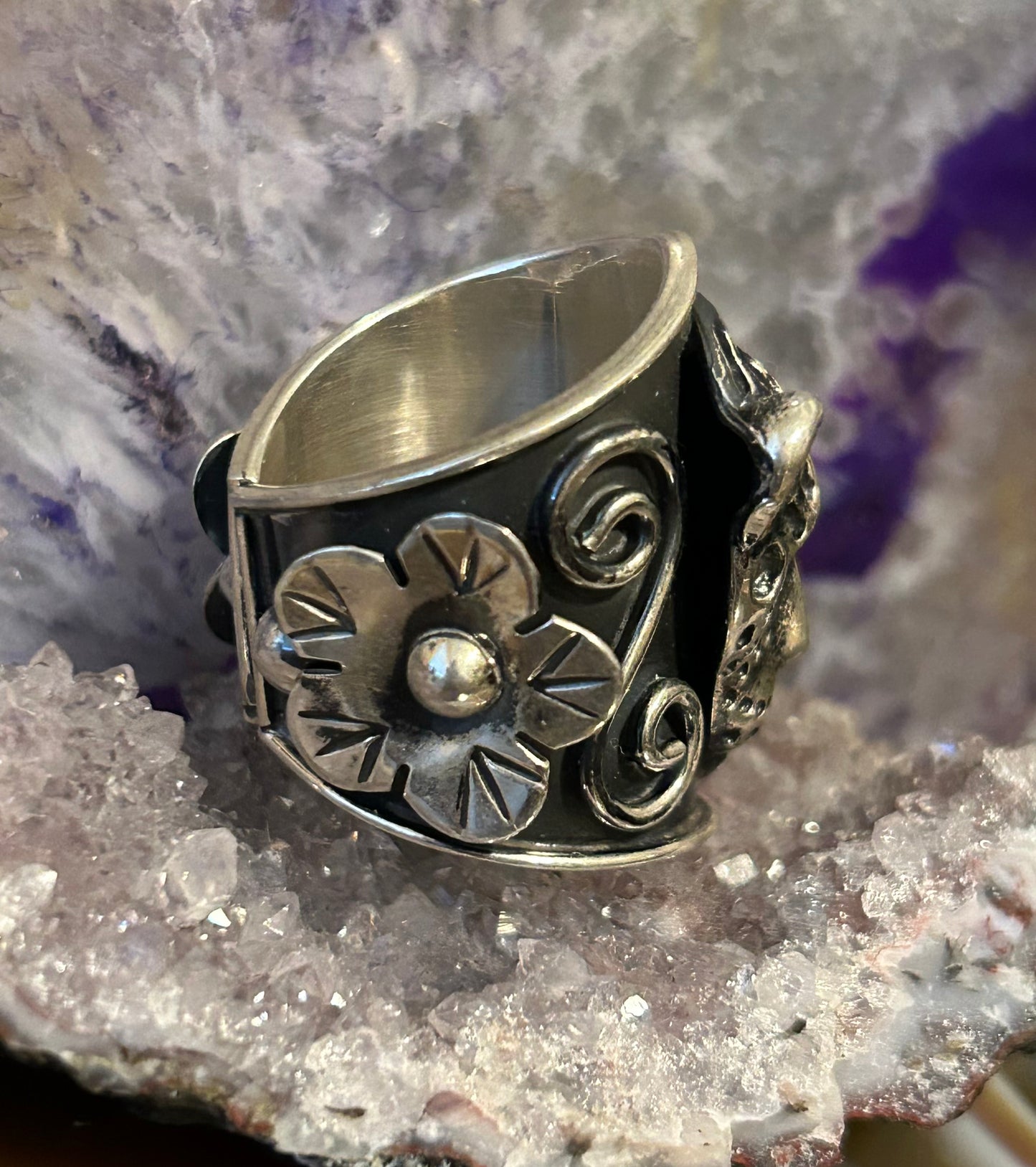 Sterling Silver Taxco Mexico Handmade Jaguar/Cheetah & Flowers Ring Adjustable