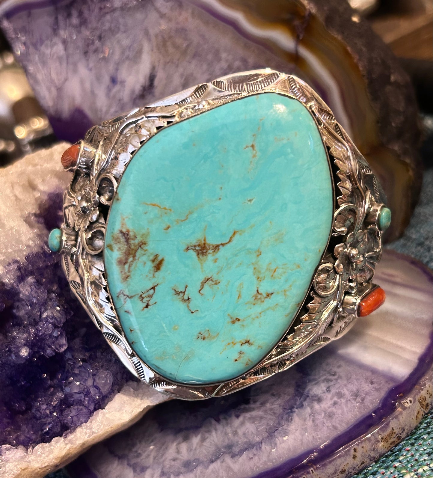 Sterling Silver Southwestern Large Turquoise & Coral Statement Cuff Bracelet