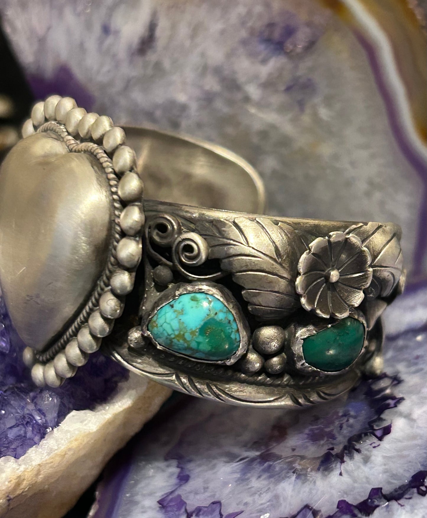 GuzFurbished Sterling Silver Heart & Turquoise Cuff Bracelet