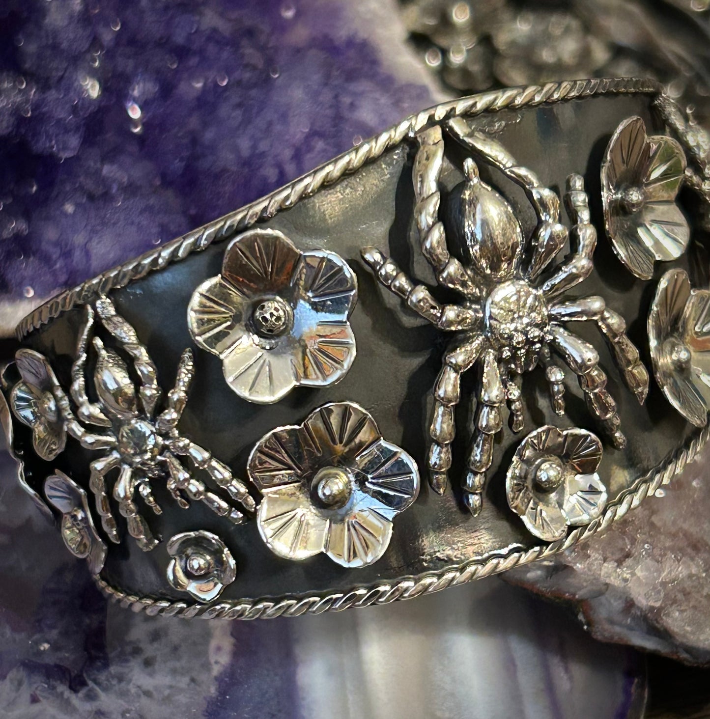 Sterling Silver Taxco Mexico Spider & Flower Cuff Bracelet