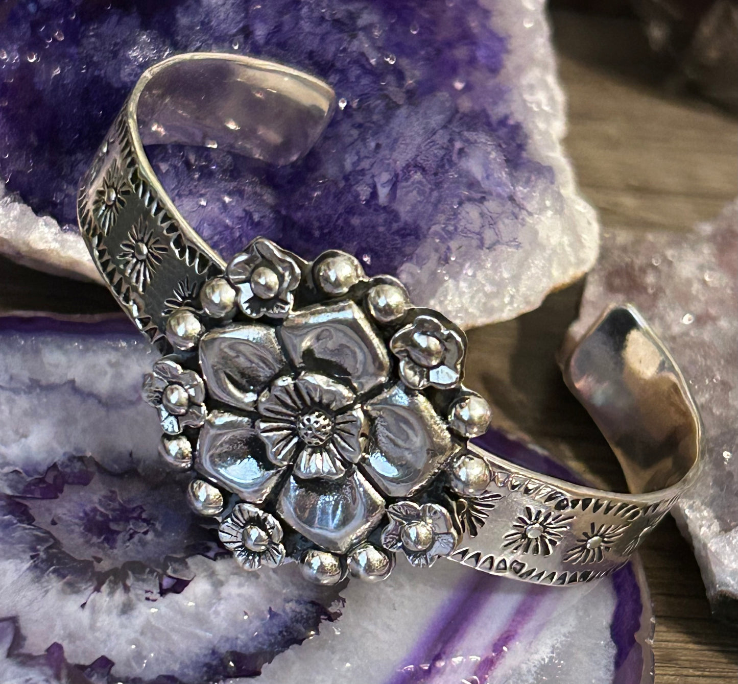 Sterling Silver Taxco Mexico Flower & Stamped Cuff Bracelet