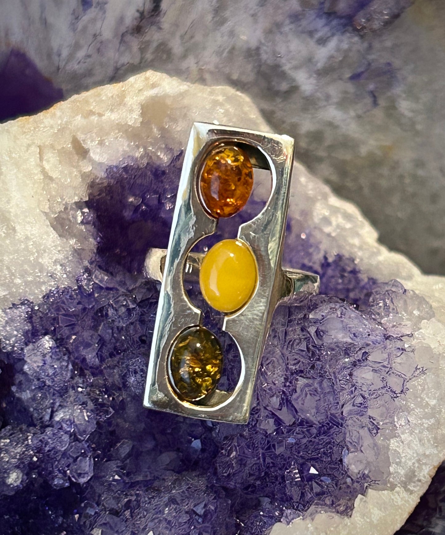 Vtg Deadstock Sterling Silver Abstract Modernist Baltic Amber Ring Size 9