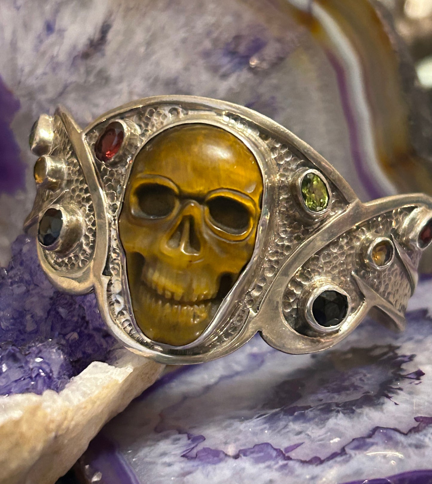Sterling Silver, Tiger Eye, Multi-Stone Skull Cuff Bracelet