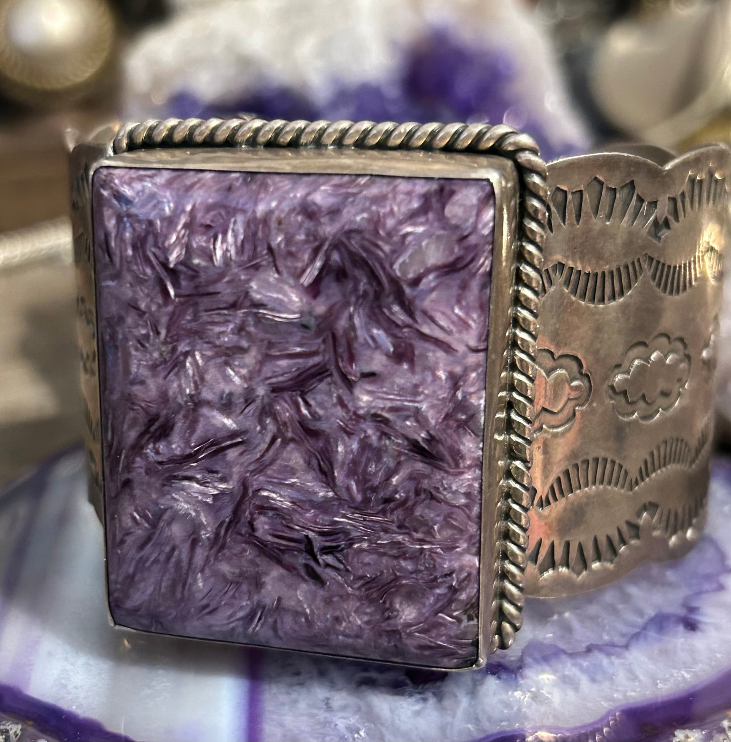 Sterling Silver & Charoite Southwestern Large Stamp Work Cuff