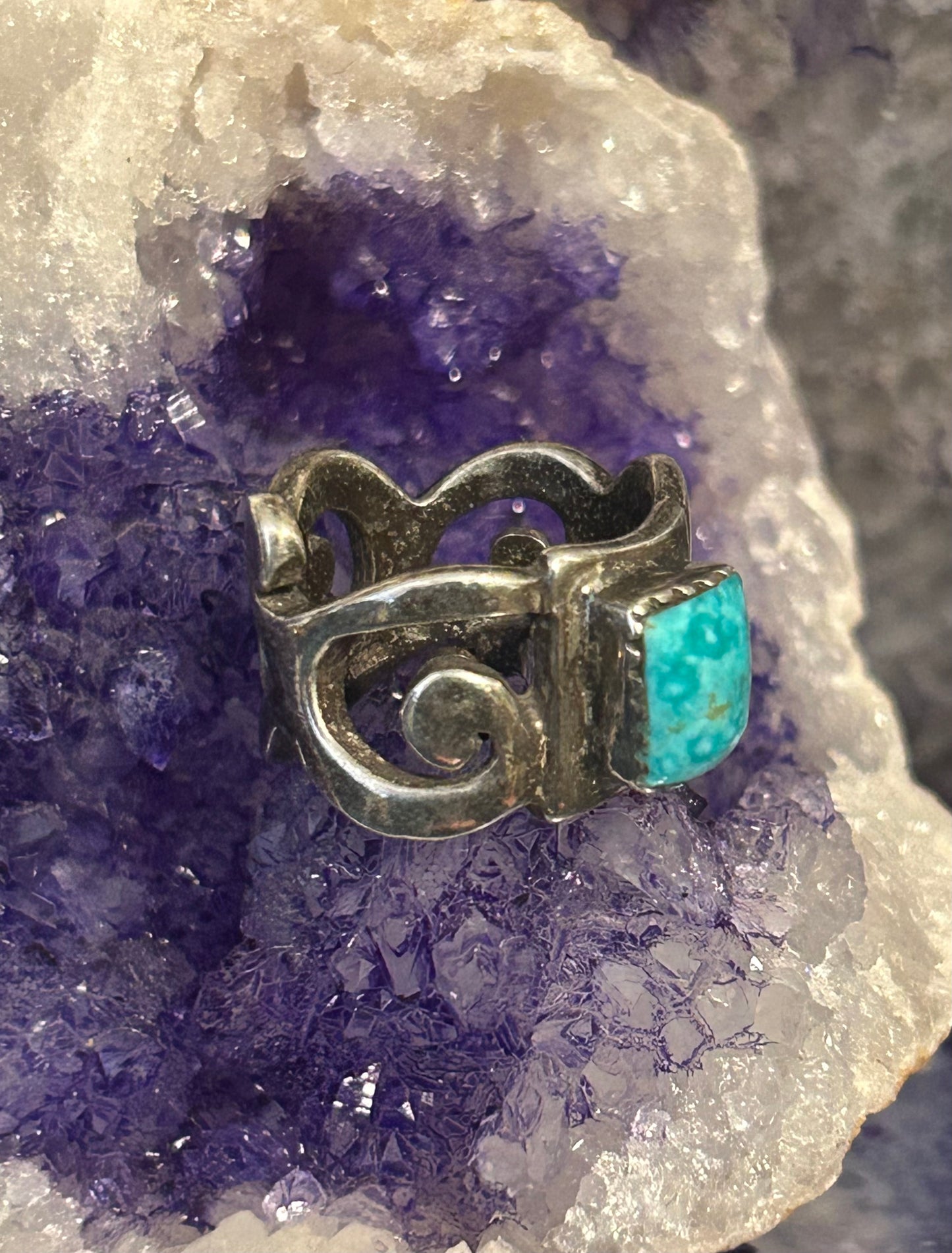 Sterling Silver Vintage Handmade Casted Square Turquoise Ring Size 5