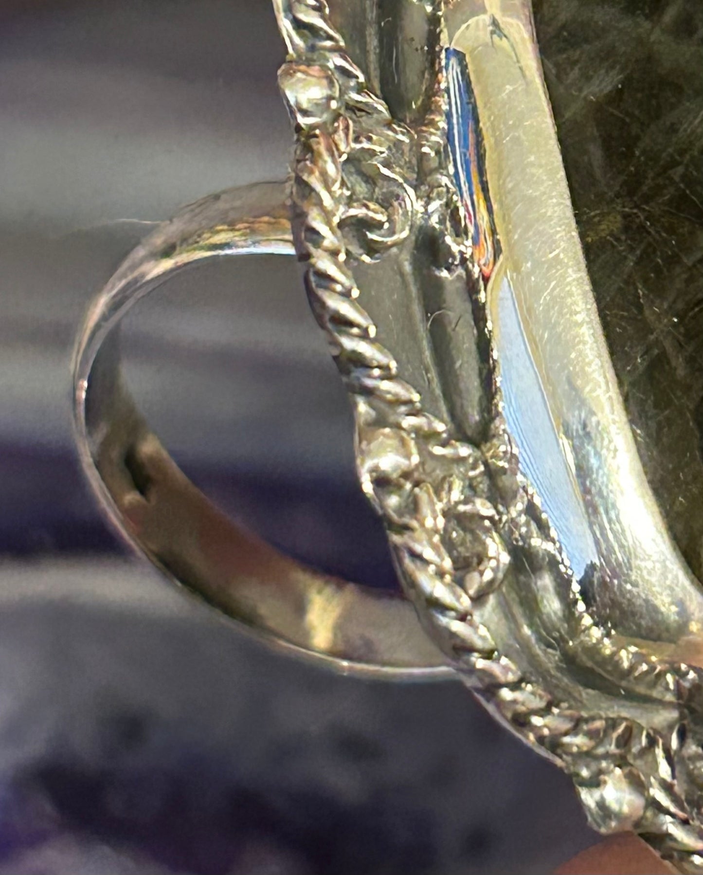 Sterling Silver Taxco Large Labradorite Stone Heart Ring Adjustable